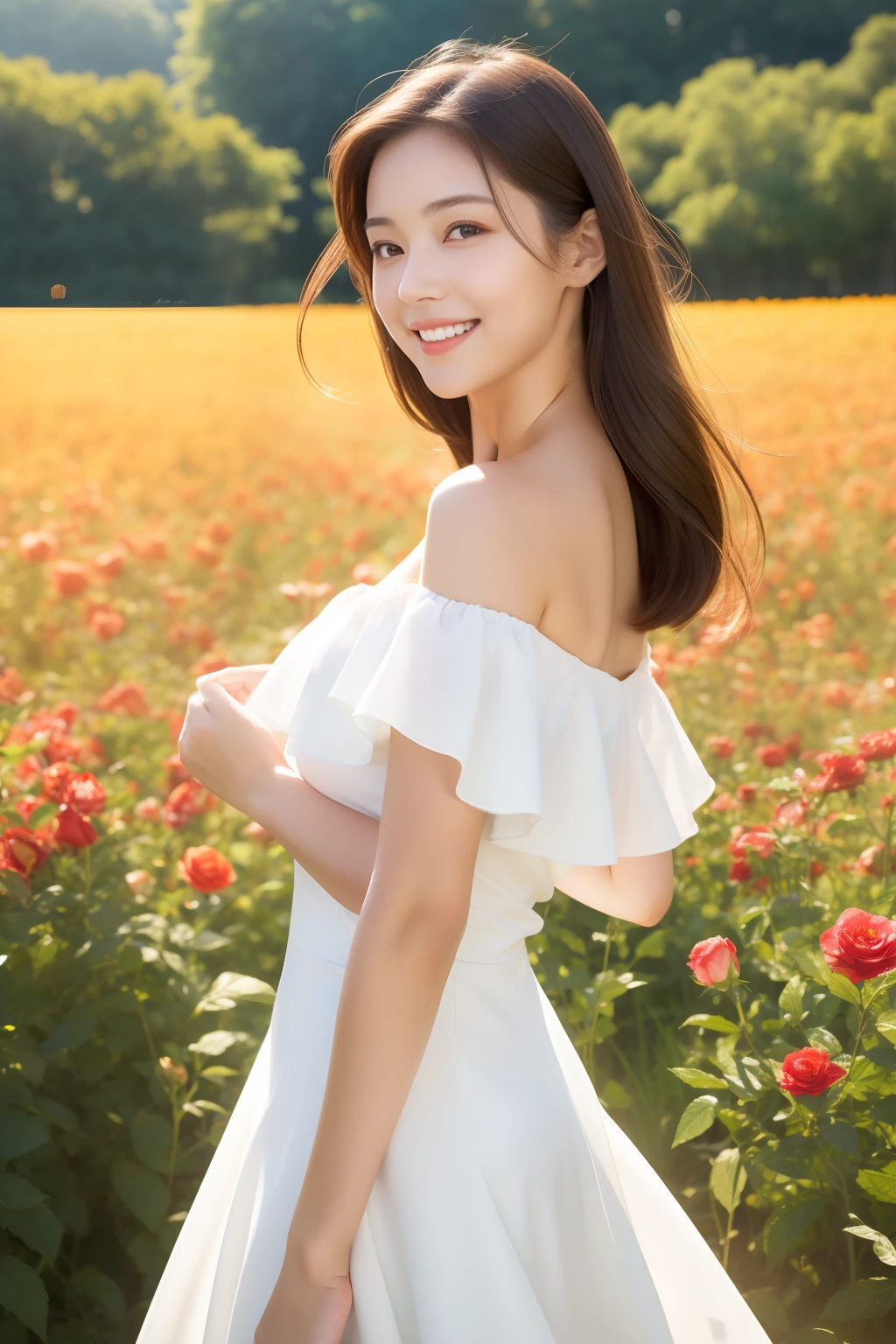 Best Quality, masutepiece, 超A high resolution, (Photorealistic:1.4), Raw photo, 1girl in, White Dress, off shoulders, Blossom Rose Flower Field, Glowing skin, lightsmile