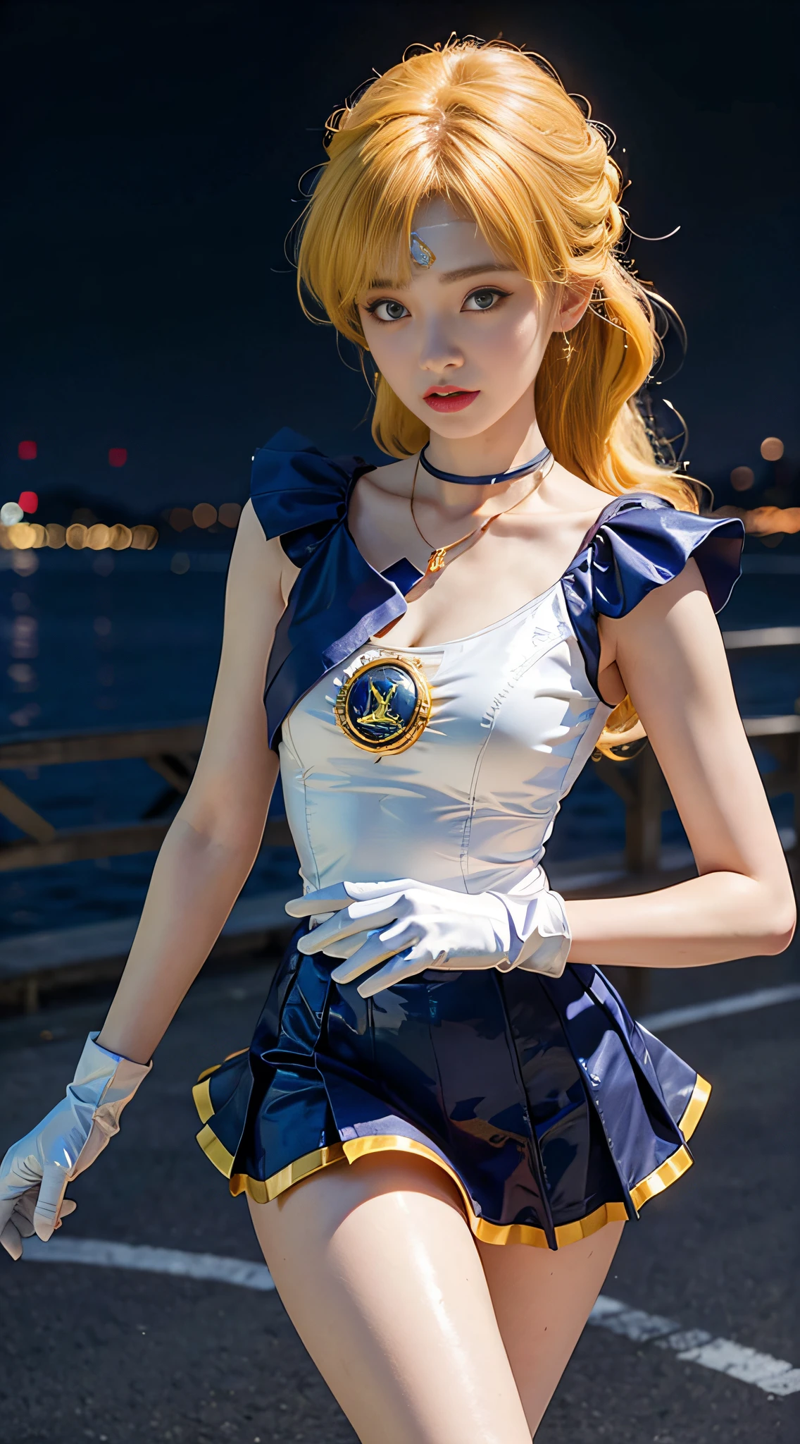 ((masterpiece:1.4)、(top-quality:1.4)、(reallistic:1.7))、masuter piece:1.4、a beauty girl、(sailormoon:1.4)、Sexy female combat suit sticking to body、(latex shiny)、(The jacket is a white sleeveless sailor suit)、(Skirt is blue sexy ultra ultra mini skirt)、The collar of the sailor suit is blue with two thin lines.、Red cloth ornament at chest、(Wearing white gloves)、Kawaii Girl、Super beauty、foco nítido、Portrait photos、Upper body photography:1.4、beautiful countenance、beautidful eyes、Narrow waist、(Yellow hair:1.4)、Raw photo、red-lips、Red boots:1.4、a choker:1.4、a necklace:1.4、耳Nipple Ring:1.4、1 screen display、Outdoor landscape