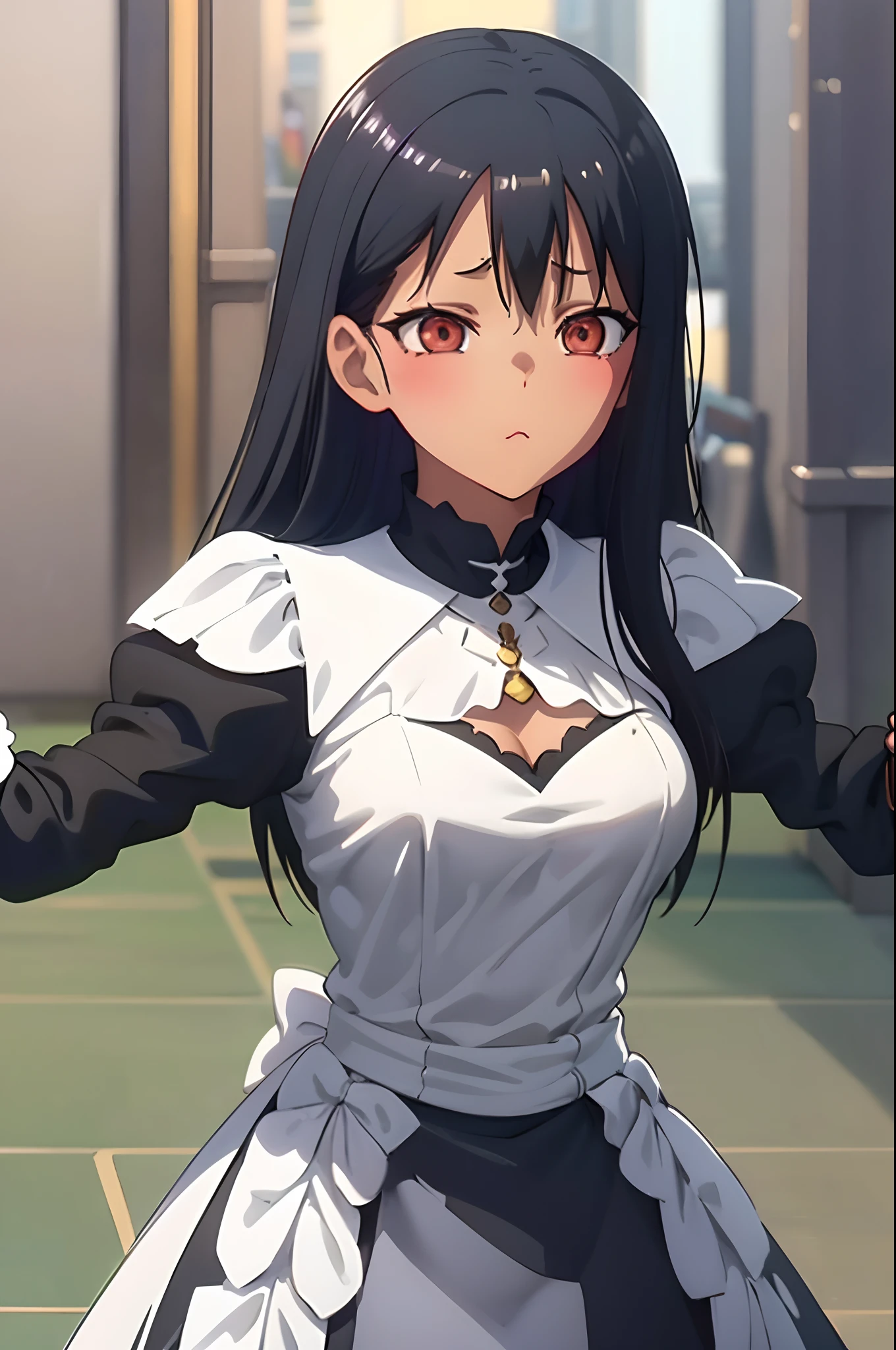 a close up of a woman in a dress with a white and black dress, gothic maiden anime girl, anime girl wearing a black dress, cute anime waifu in a nice dress, anime girl in a maid costume, an elegant gothic princess, guweiz, guweiz on pixiv artstation, guweiz on artstation pixiv, beautiful anime girl