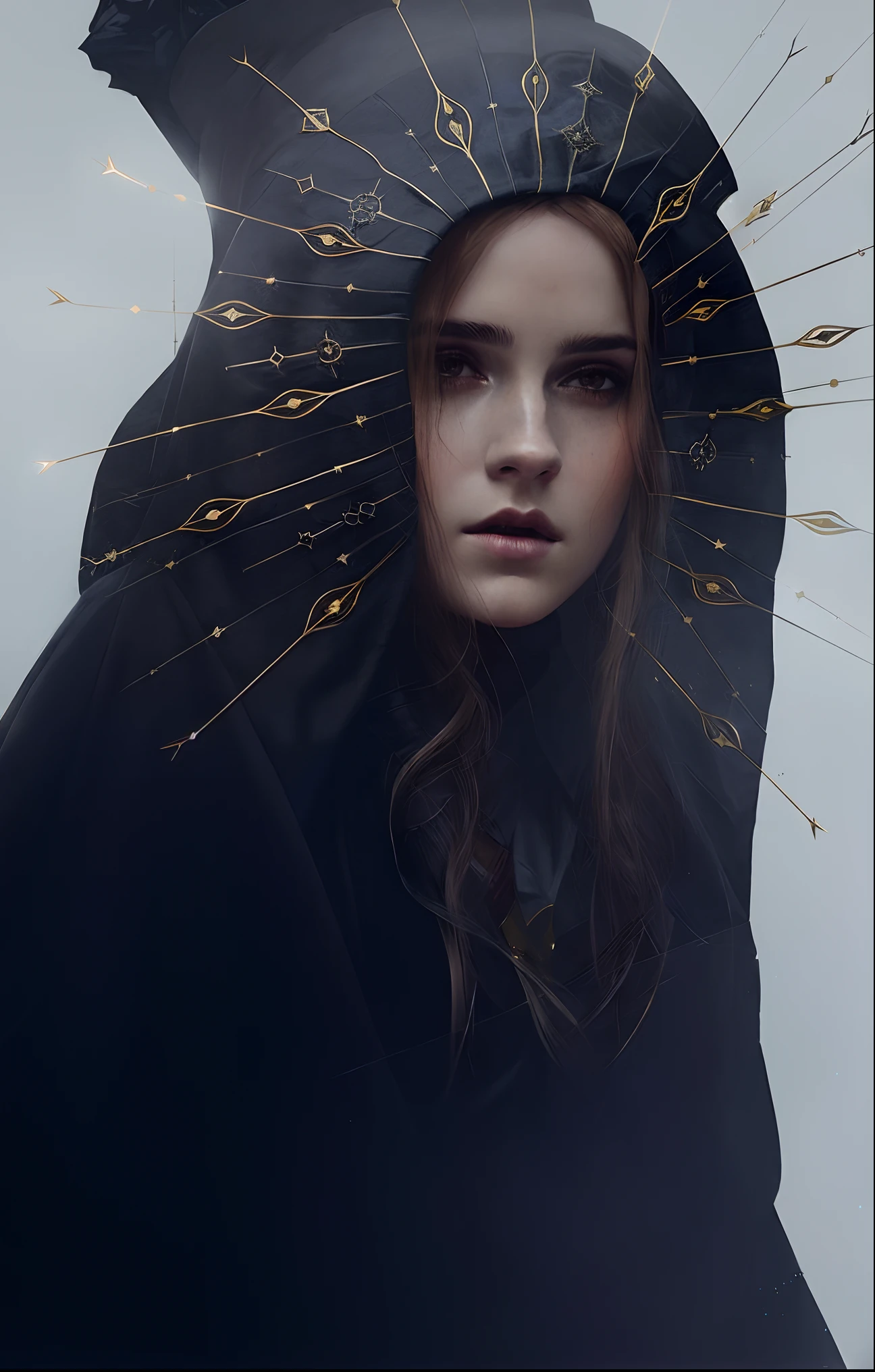 arafed image of a woman with a hood over her head, in dark robes with gold accents, karol bak of emma watson nun, inspired by Hedi Xandt, yuri shwedoff and tom bagshaw, portrait of a dark goddess, dark fantasy portrait, by Andrei Kolkoutine, portrait of a dark witch, orthodox cyberpunk