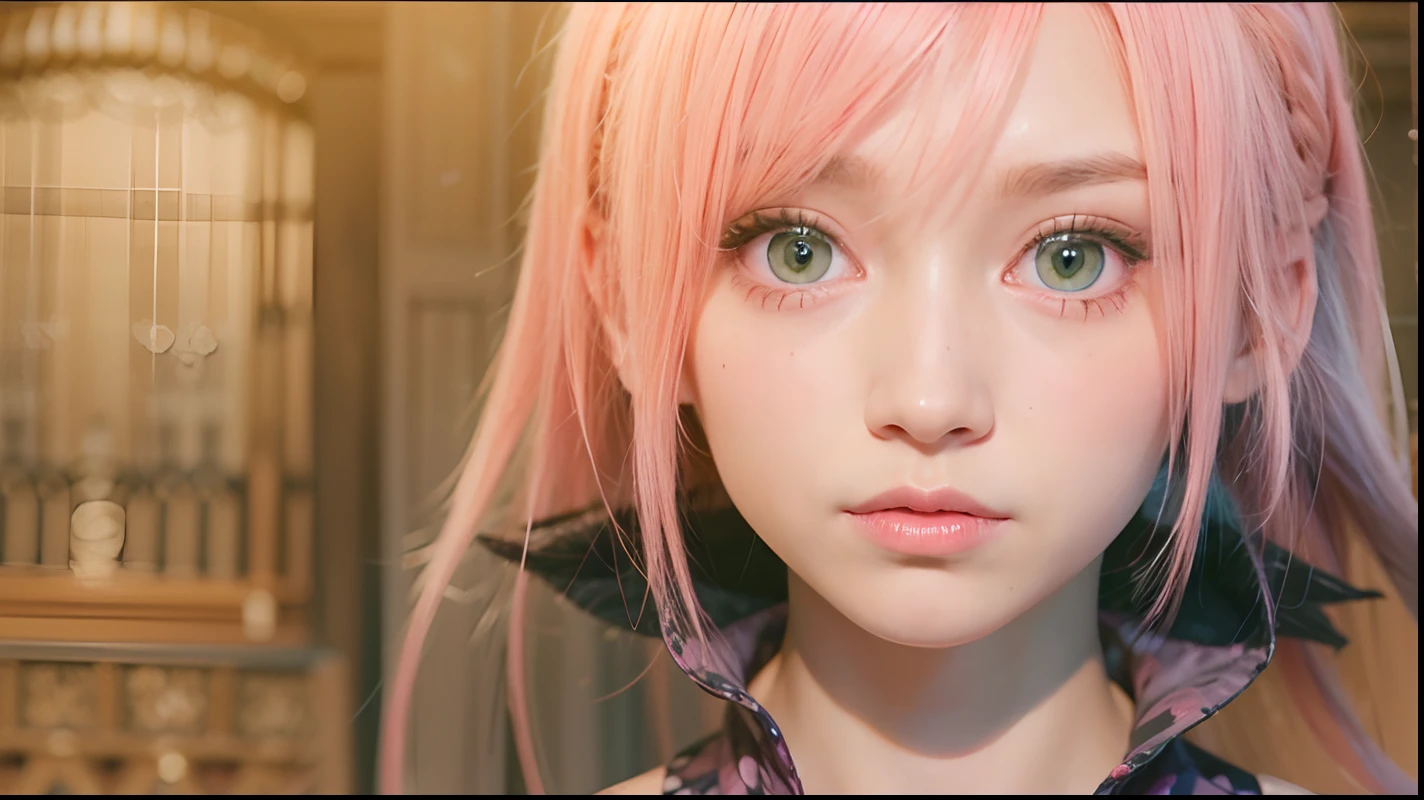 Girl, pink hair, green eyes, blushing, red dress