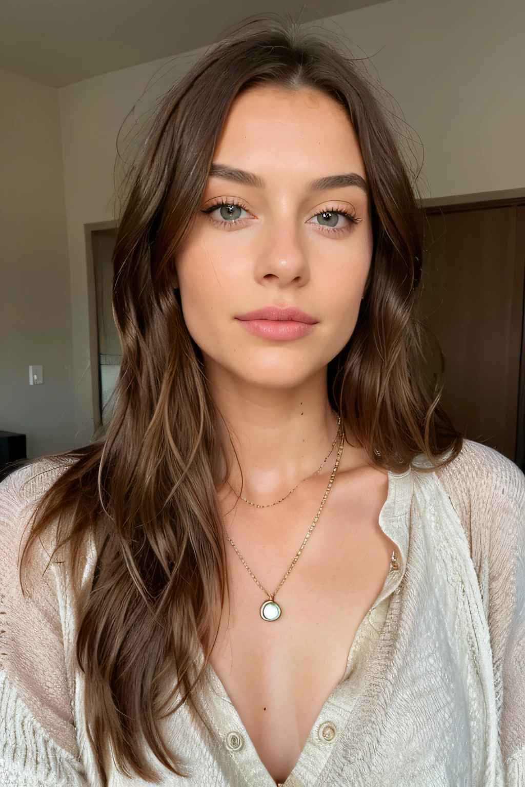 a young woman wearing a necklace with long brown hair and blue eyes, in the style of precisionist, wavy, textural layering, light amber and pink, olive cotton, flattering lighting, effortlessly chic