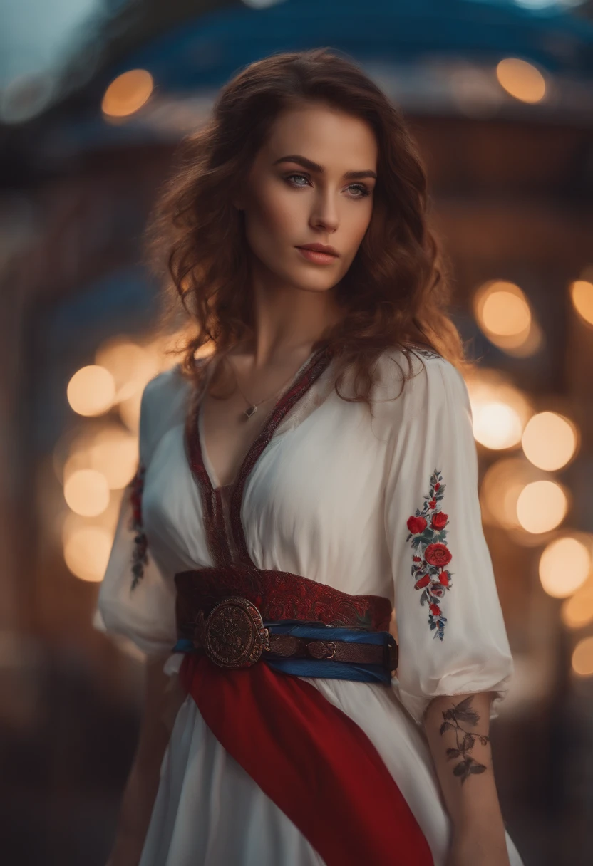 A brown hair girl with 2 tatto name Tiana and Miriam on her arms ,cinematic ,blue eyes ,red white dress with black styled belt and with white shoes