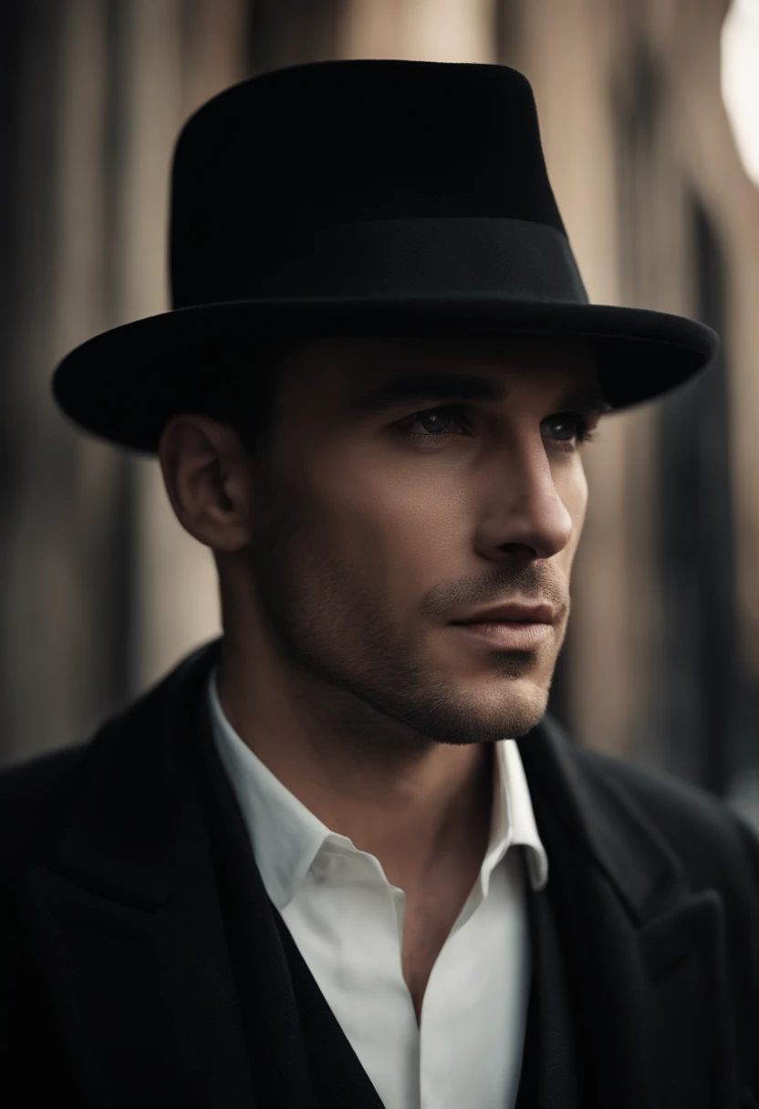 Man in black hat with black suit and overcoat with tired features and dark circles