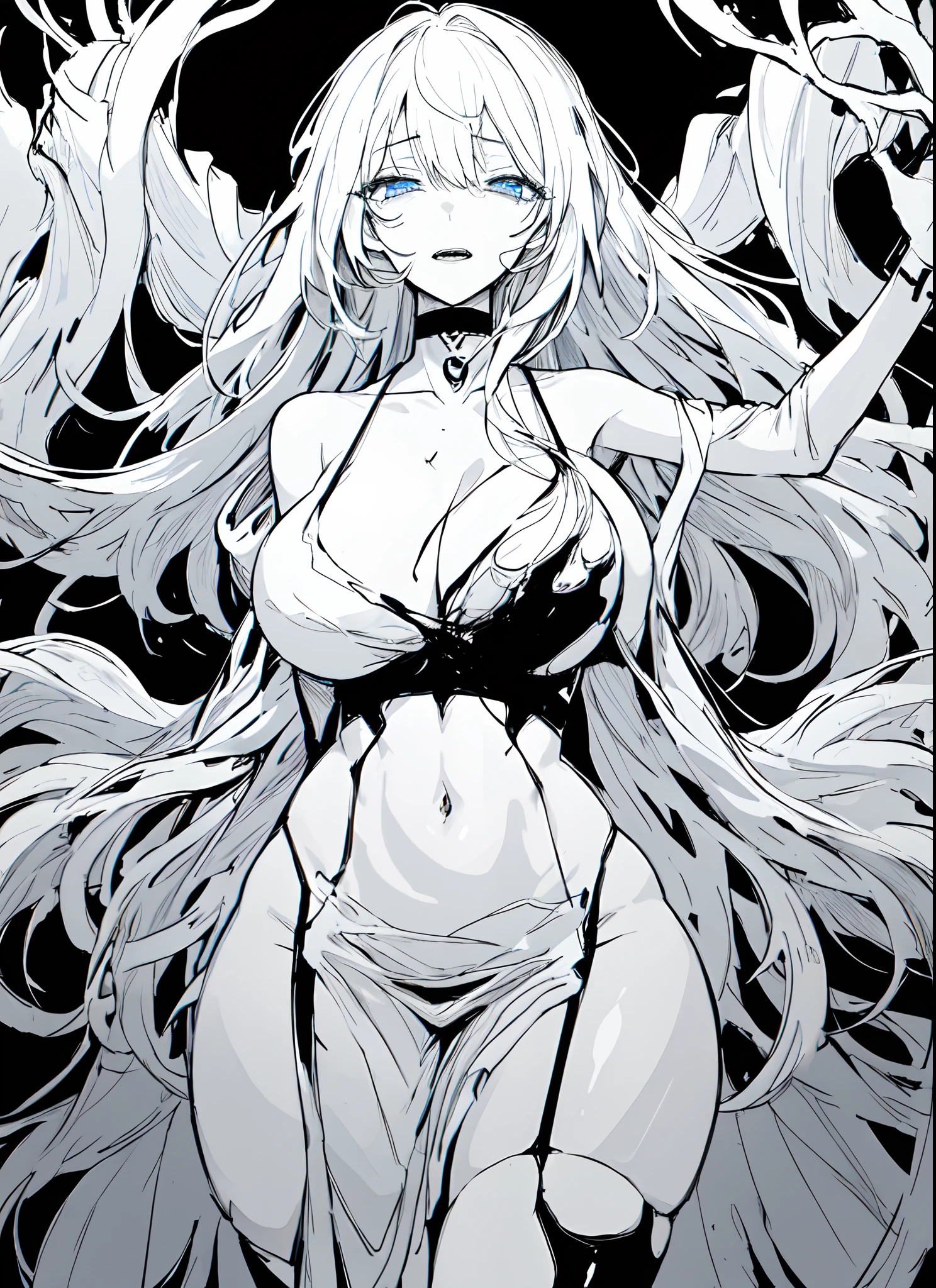 Stunning girl, Detailed blue eyes, erotic expression, white hair, big breasts, wide hips, slim body, black nightdress, black choker, (Black and white, sketch), black background, hentai, simple poster, ((negative space)),