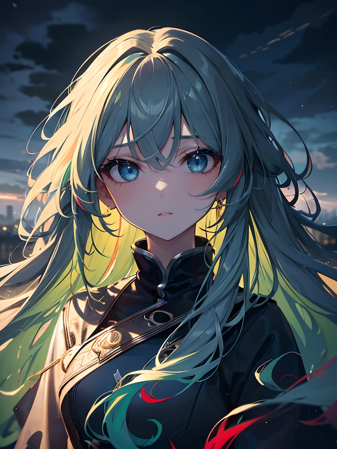 (Masterpiece, Best quality, ultra high resolution),1girl,long hair,curly hair,(multicolored hair,green,blue,red),beautiful and detailed face, detailed eyes,cloudy sky,fog, night (grey theme)