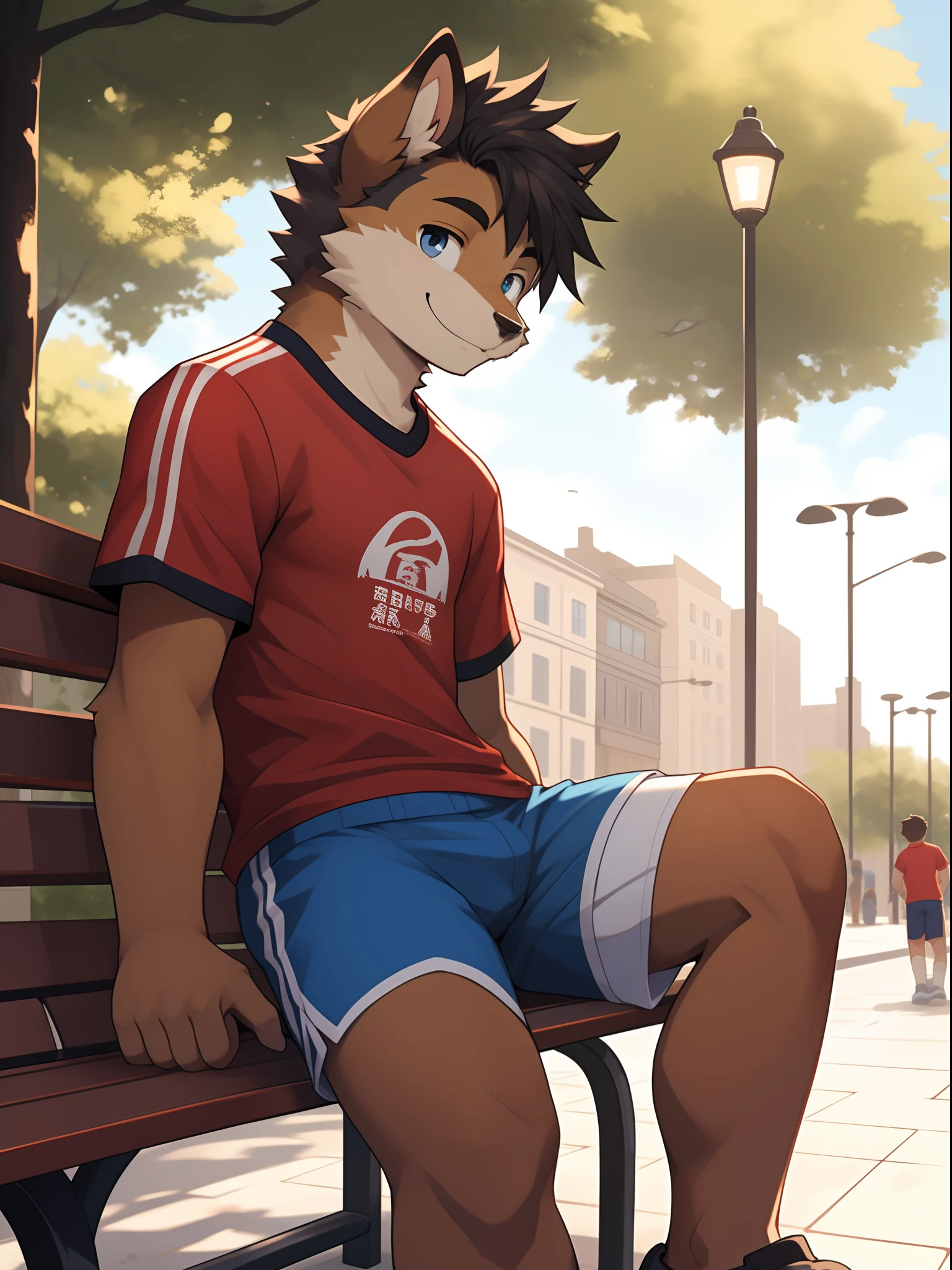 Furry young 18-year-old boy sitting on a bench in the square, alone, wearing blue shorts and a red shirt, looking at the viewer with a cool smile