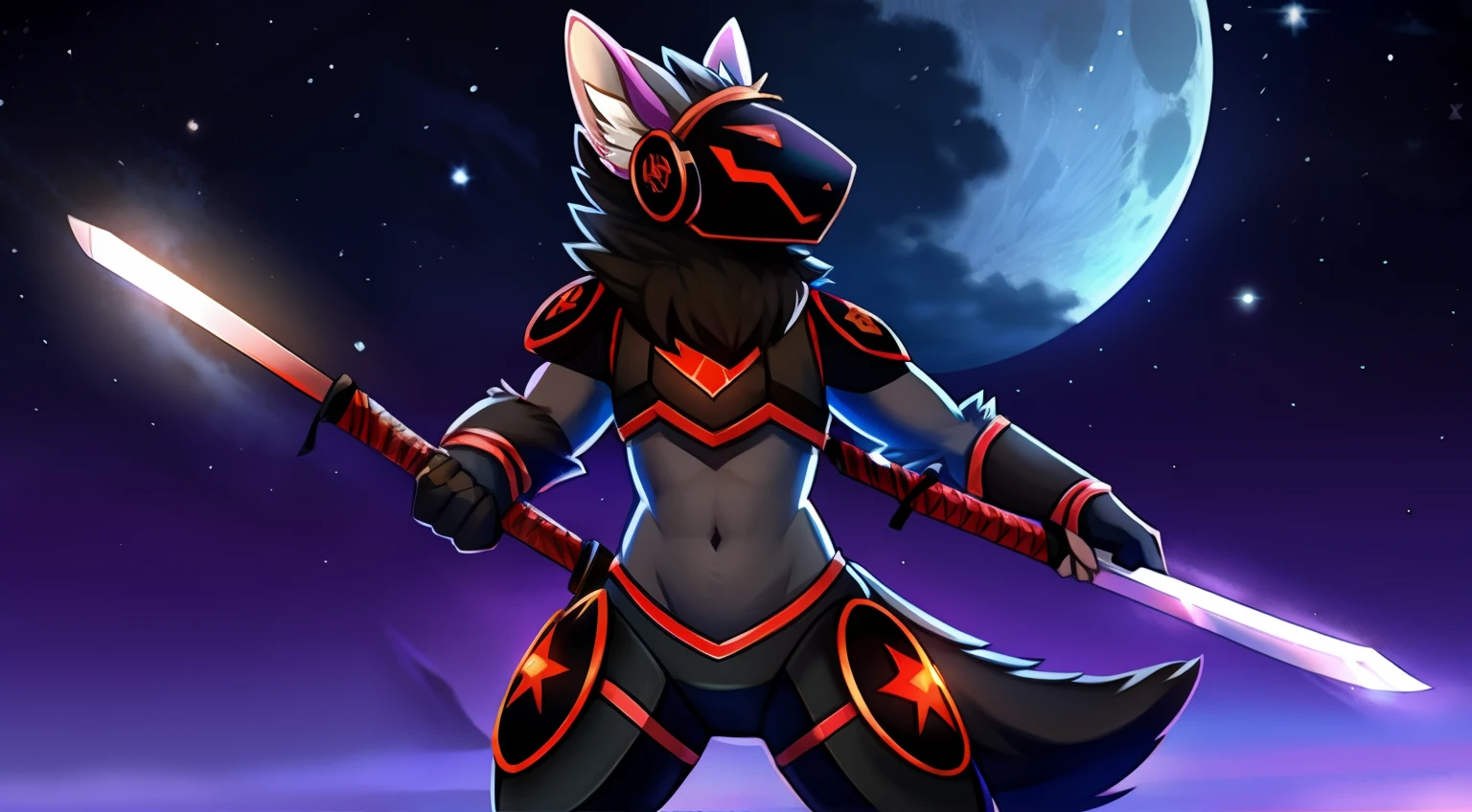 Wielding katanas in both hands