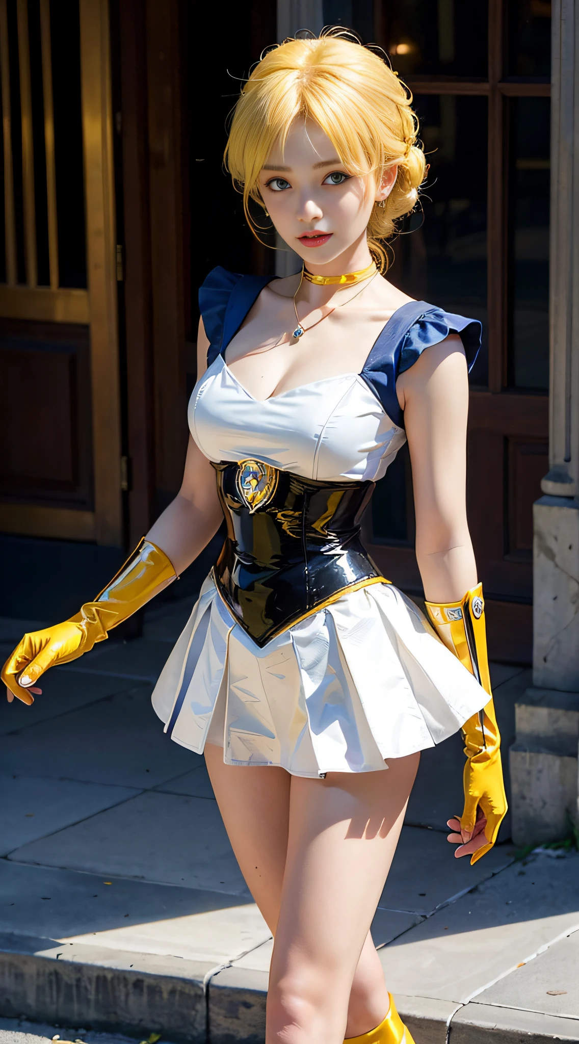 ((masterpiece:1.4)、(top-quality:1.4)、(reallistic:1.7))、masuter piece:1.4、a beauty girl、(sailormoon:1.4)、Sexy female combat suit sticking to body、(latex shiny)、(The jacket is a white sleeveless sailor suit)、(Skirt is blue sexy ultra ultra mini skirt)、The collar of the sailor suit is blue with two thin lines.、Red cloth ornament at chest、(Wearing white gloves)、Kawaii Girl、Super beauty、foco nítido、Portrait photos、Upper body photography:1.4、beautiful countenance、beautidful eyes、Narrow waist、(Yellow hair:1.4)、Raw photo、red-lips、Red boots:1.4、a choker:1.4、a necklace:1.4、耳Nipple Ring:1.4、1 screen display、Outdoor landscape