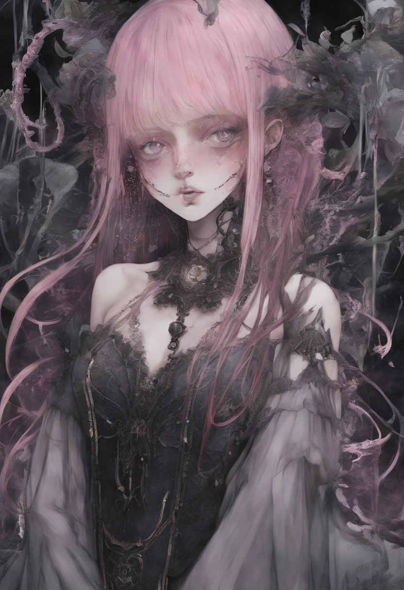 ((Best quality, 8K, Masterpiece: 1.4)),((Amazing detail: 1.3)),((illustration: 1.2)),((High resolution1.1)),1girll,aquarelle,Watercolor painting,Colorful,bubble head,Pink hair,kawaii,poison fangs, grin, Multicolored eyes, Gradient eyes, Heart earrings, hair pin, Depth of field, angle of view, From above, Delicate,amusement waterpark background,Japanese anime,