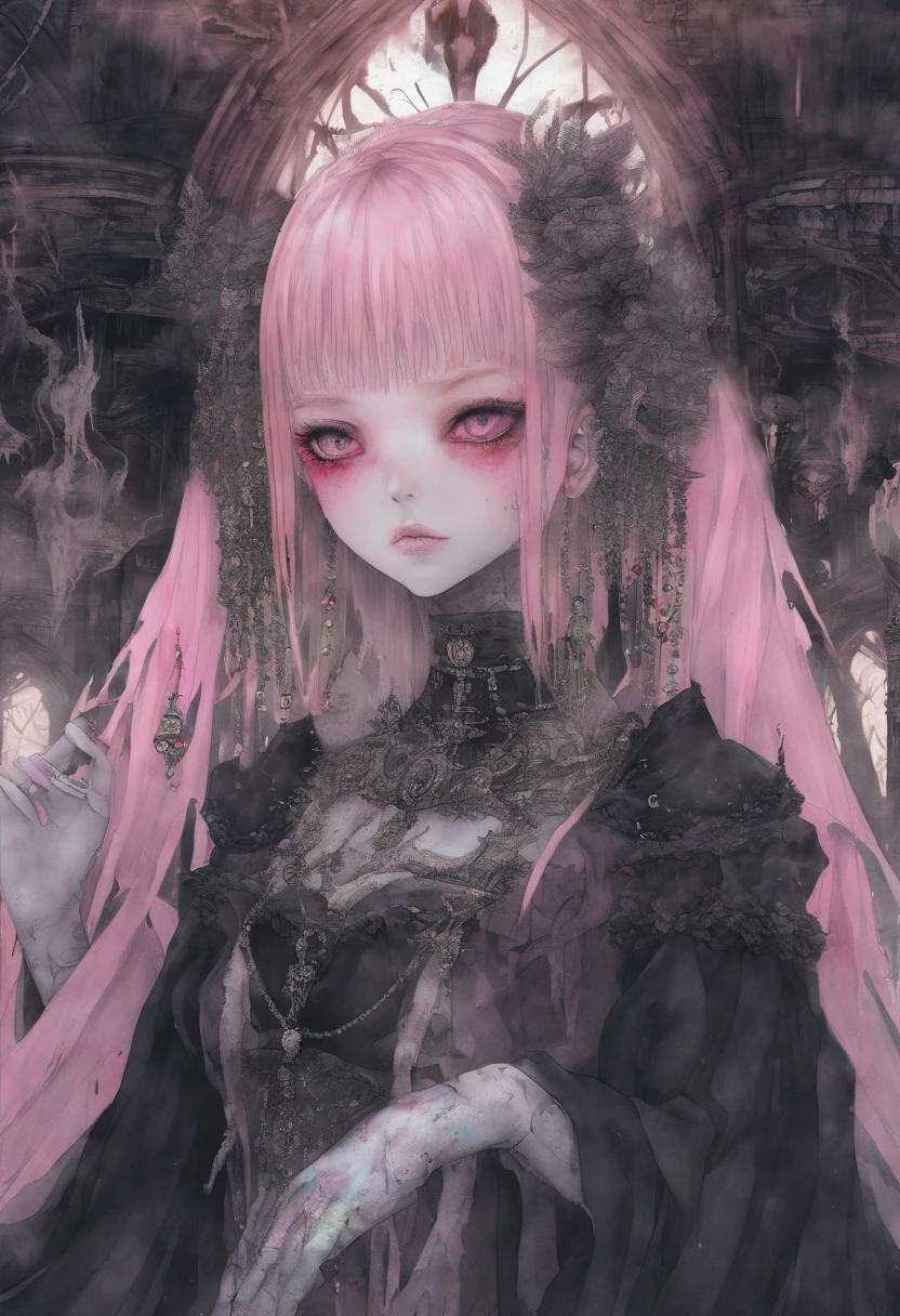 ((Best quality, 8K, Masterpiece: 1.4)),((Amazing detail: 1.3)),((illustration: 1.2)),((High resolution1.1)),1girll,aquarelle,Watercolor painting,Colorful,bubble head,Pink hair,kawaii,poison fangs, grin, Multicolored eyes, Gradient eyes, Heart earrings, hair pin, Depth of field, angle of view, From above, Delicate,amusement waterpark background,Japanese anime,
