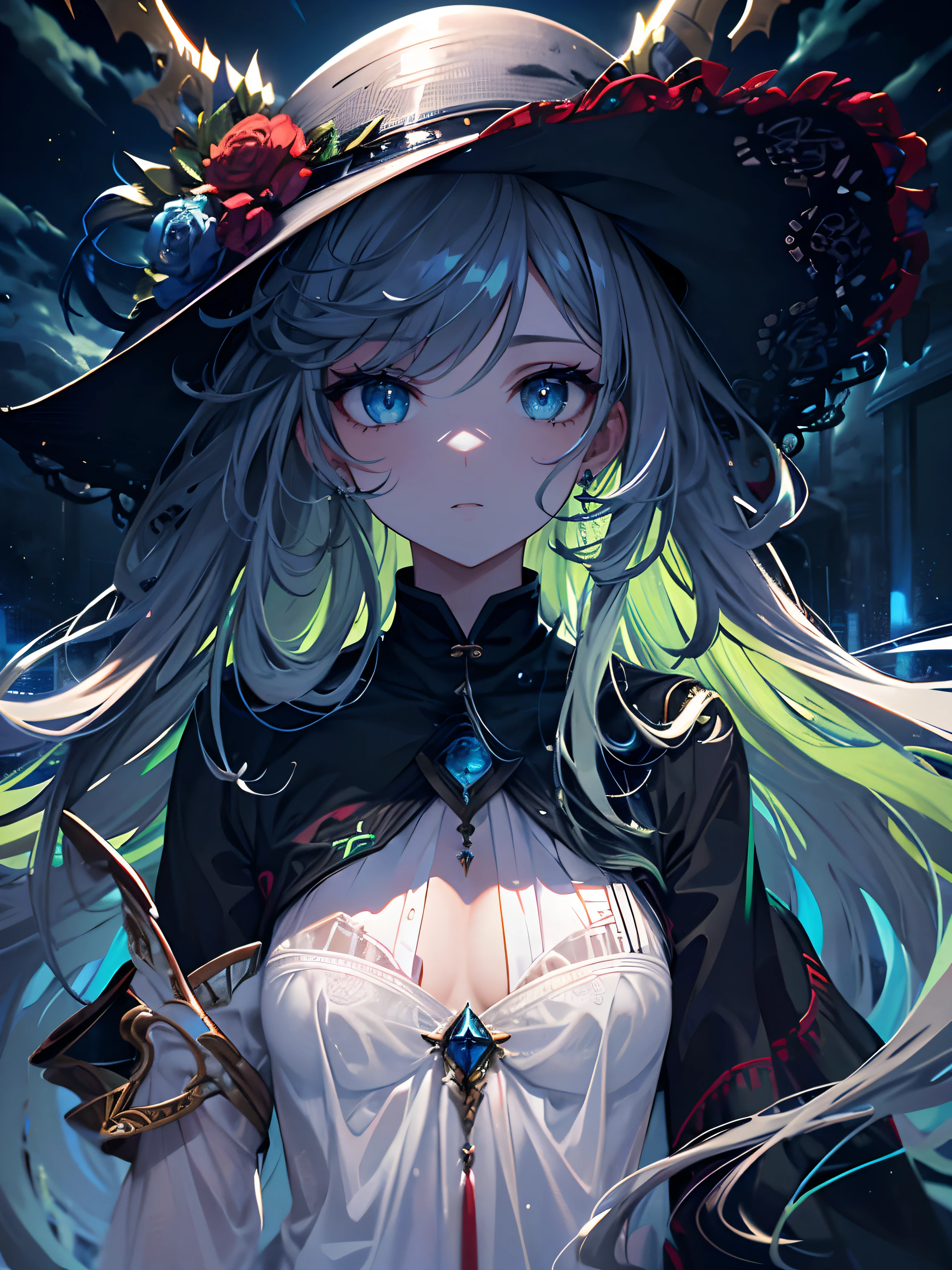 (Masterpiece, Best quality, ultra high resolution),1girl,long hair,curly hair,(multicolored hair,green,blue,red),beautiful and detailed face, detailed eyes,cloudy sky,fog, night (grey theme)