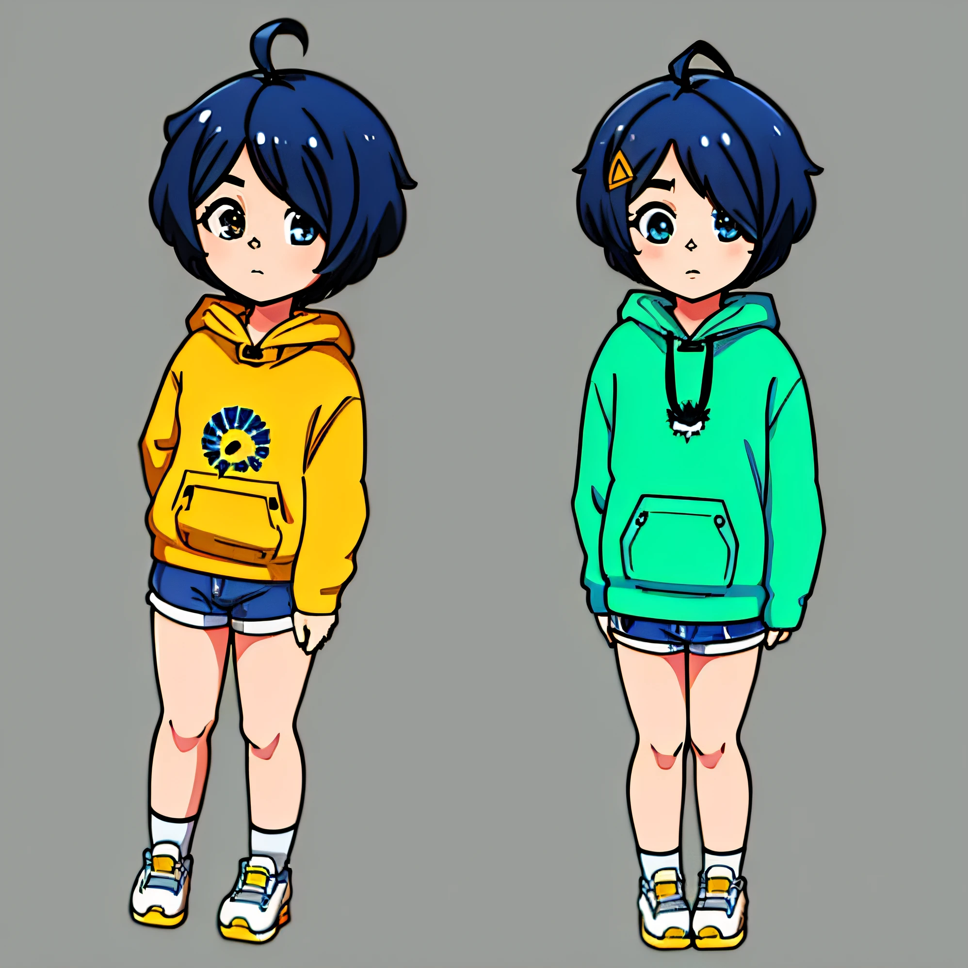 1girl, masterpiece, best quality, ultra-detailed, (shiny skin:1.2), Ai_Ohto0 1girl, blue_hair, short_hair, hair_ornament, ahoge, hairclip, heterochromia, blue_eyes, yellow_eyes, hood, hoodie, yellow_hoodie, shoes, shorts, hood down, blue_shorts,bag, sticker, white outline, grey background Portrait, 1girl, cheek pull, puffy cheeks