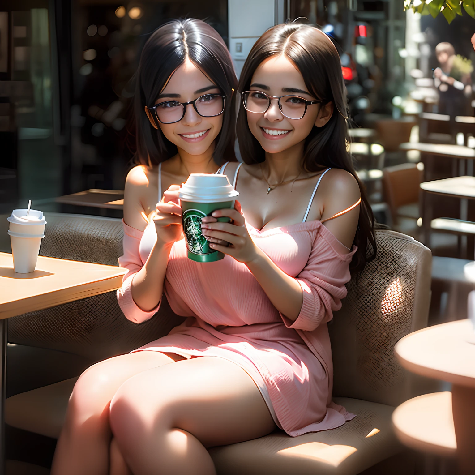 2heads:1.5, chilean girl, 18 years old, black straight hair, thick rimmed glasses, smiling skinny, wearing a  light pink and light grren dress, gums visible, delicate body hair,acne, holding a coffee cup, sitting at a busy Starbucks
