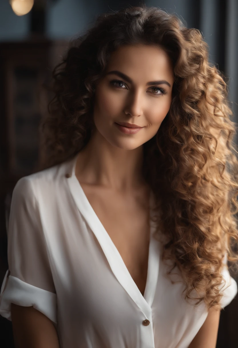 1 white woman((portrait of upper body image, expression of joy, white skin, dressed in office clothes, with long black social pants and white social shirt, standing) with long curly hair, black hair, her face framed with curls, curly hair, curly hair and oriental eyes black eyes, oriental eyes, oriental eyes masterpiece, best quality, ultra-detailed, solo, in the living room, (day), (warm hue, cool tone: 1.2) cinematic light, ultra high resolution, RAW