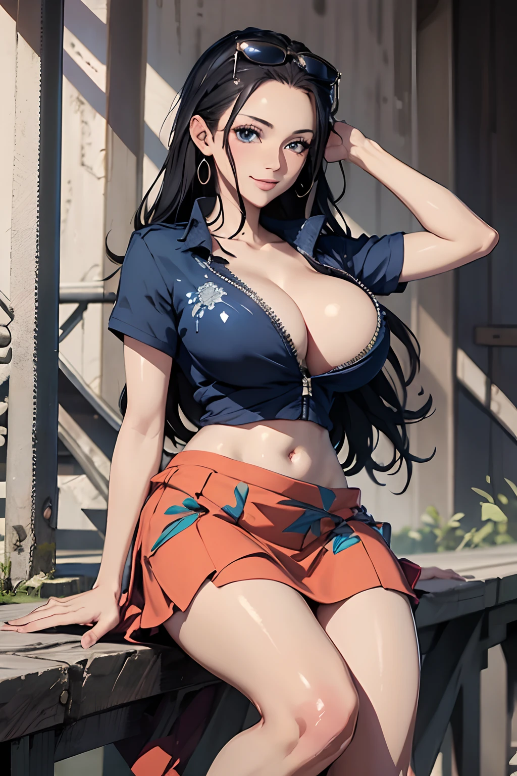 (((masterpiece))), hihgres, NicoRobin, 1girl, solo, long hair, looking at viewer, smile, blue eyes, skirt, large breasts, shirt, black hair, navel, cleavage, very long hair, closed mouth, collarbone, full body, short sleeves, midriff, high heels, crop top, sunglasses, blue shirt, eyewear on head, orange long skirt, railing, hair slicked back, partially unzipped, hands on side,