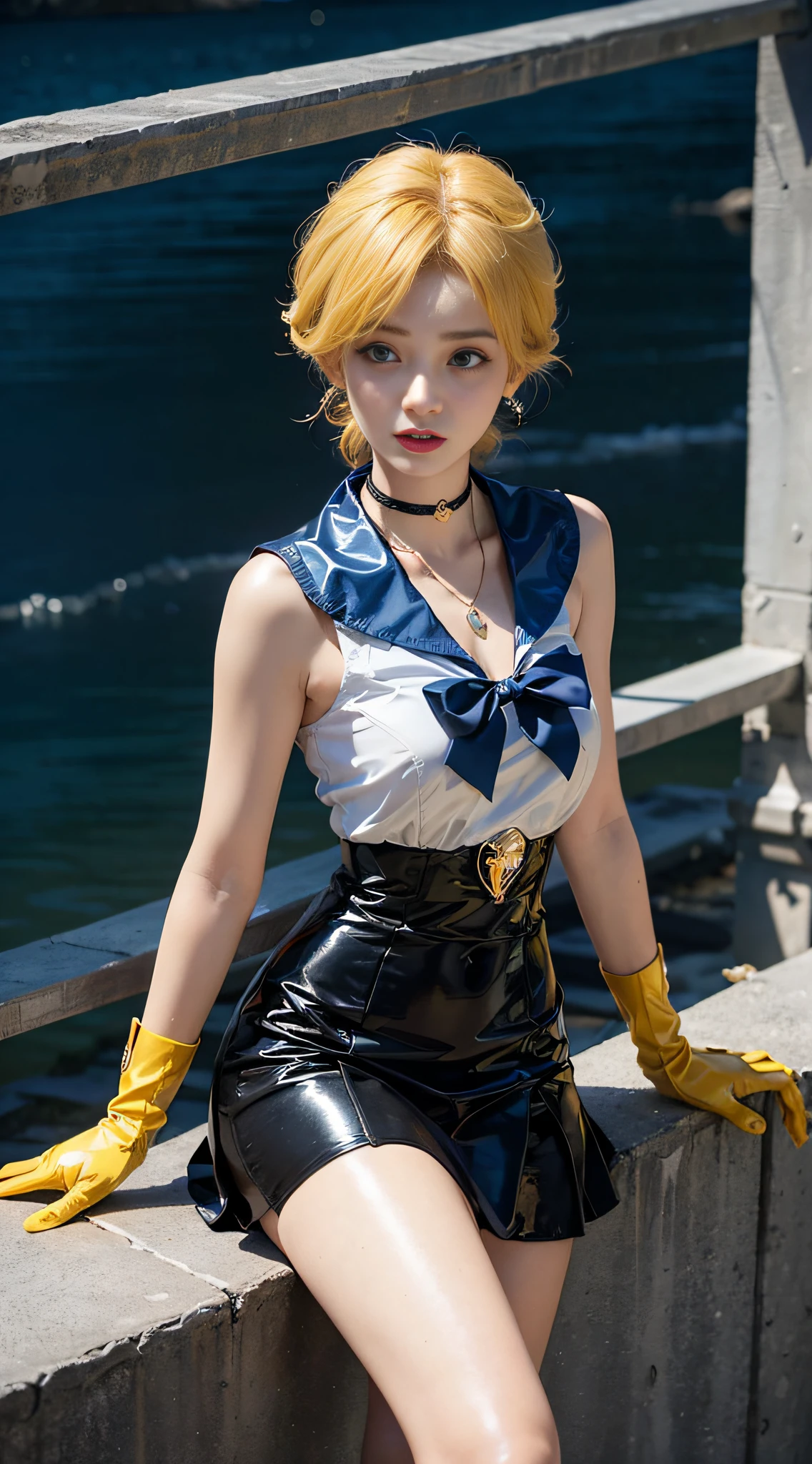 ((​masterpiece:1.4)、(top-quality:1.4)、(reallistic:1.7))、masuter piece:1.4、a beauty girl、(sailormoon:1.4)、Sexy female combat suit sticking to body、(latex shiny)、(The jacket is a white sleeveless sailor suit)、(Skirt is blue sexy ultra ultra mini skirt)、The collar of the sailor suit is blue with two thin lines.、Red cloth ornament at chest、(Wearing white gloves)、Kawaii Girl、Super beauty、foco nítido、Portrait photos、Upper body photography:1.4、beautiful countenance、beautidful eyes、Narrow waist、(Yellow hair:1.4)、Raw photo、red-lips、Red boots:1.4、a choker:1.4、a necklace:1.4、耳Nipple Ring:1.4、1 screen display、Outdoor landscape