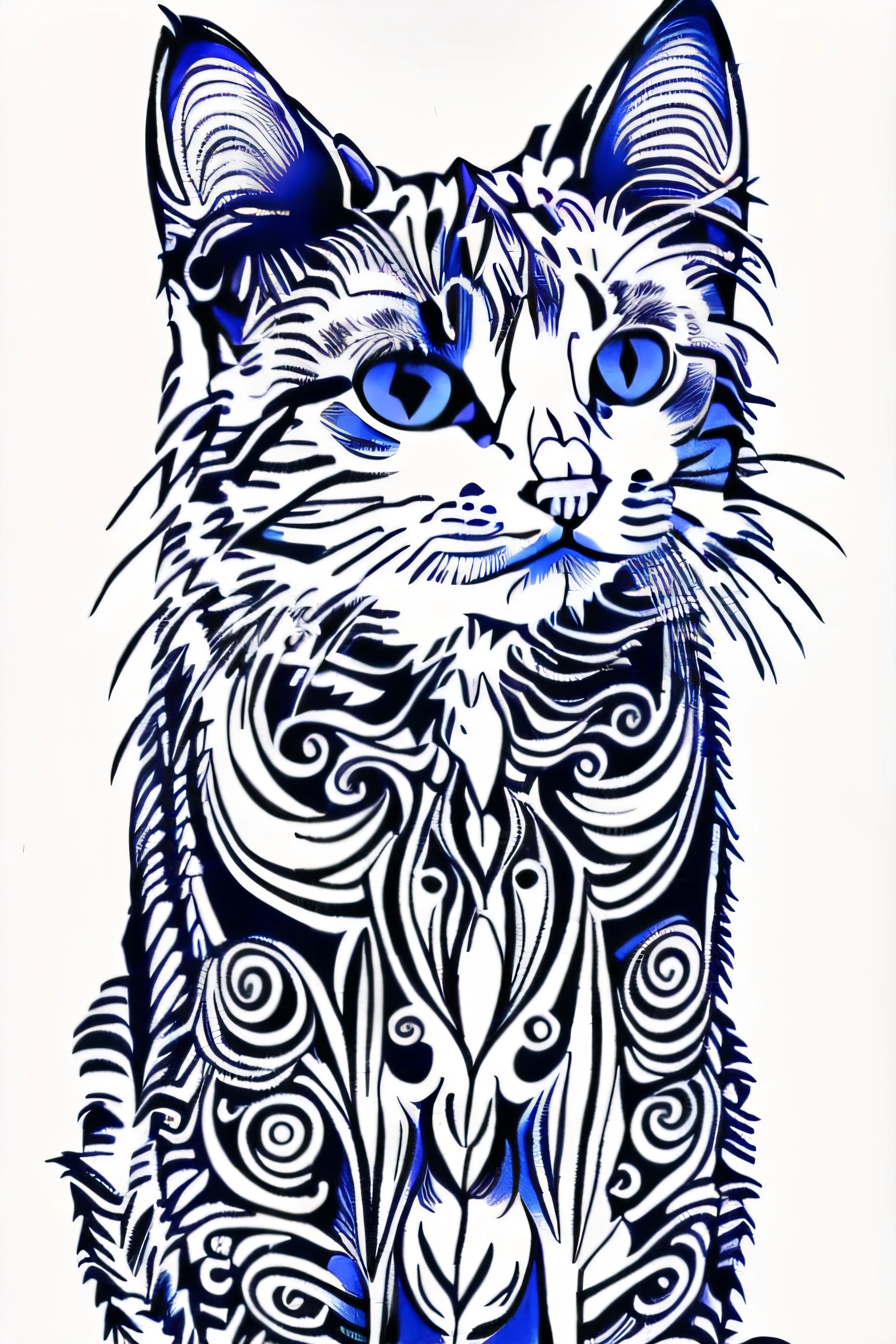 Coloring page for adults, bold lines, dark lines, mandala puppy body, mandala cat face, mandala face, symmetrical, white background, clean line art, fine line art