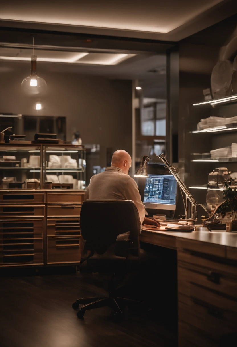 40 year old bald man working in a furniture store, custom made, image angle seen from the front, bright light, white neon light, high quality, high definition, 16k, uhd, intense low lighting, high quality, sharp focus, Fujifilm XT3.