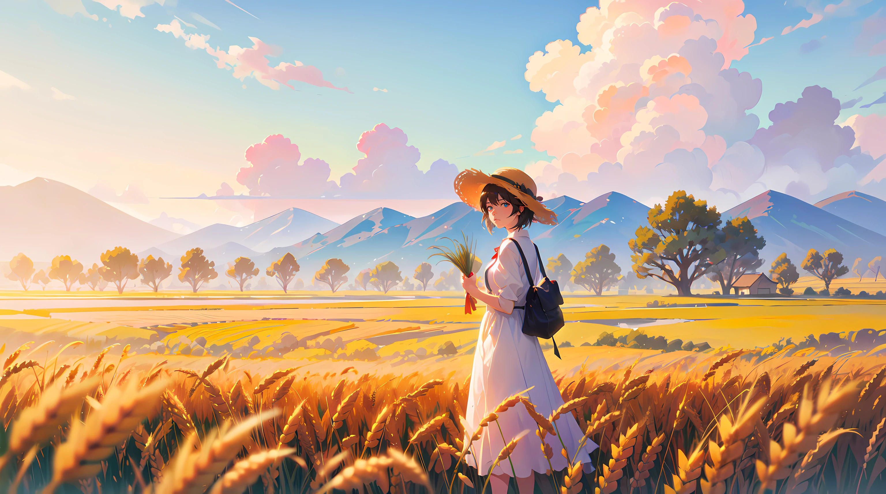 Wheat field, a farmer uncle with a straw hat standing in a wheat field, big clouds, blue sky, rice field, neat rice seedlings in the field, forest, hillside, secluded, rural, ((masterpiece)), illustration, anime art, Makoto Shinkai, Hayao Miyazaki, Studio Gibli, 4k, absurdres, best quality, (detailed:1.3), HDR
