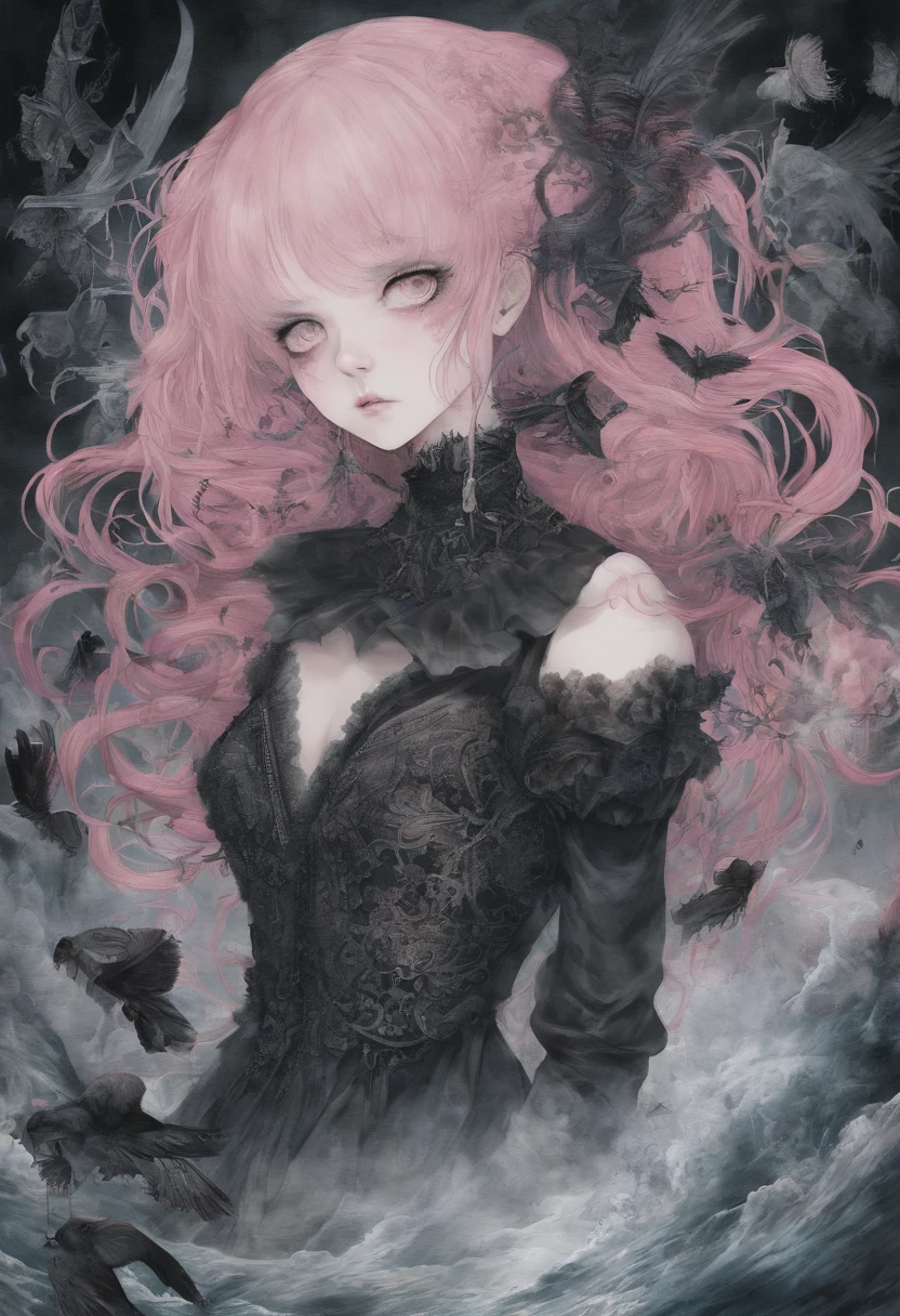 ((Best quality, 8K, Masterpiece: 1.4)),((Amazing detail: 1.3)),((illustration: 1.2)),((High resolution1.1)),1girll,aquarelle,Watercolor painting,Colorful,bubble head,Pink hair,kawaii,poison fangs, grin, Multicolored eyes, Gradient eyes, Heart earrings, hair pin, Depth of field, angle of view, From above, Delicate,amusement waterpark background,Japanese anime,