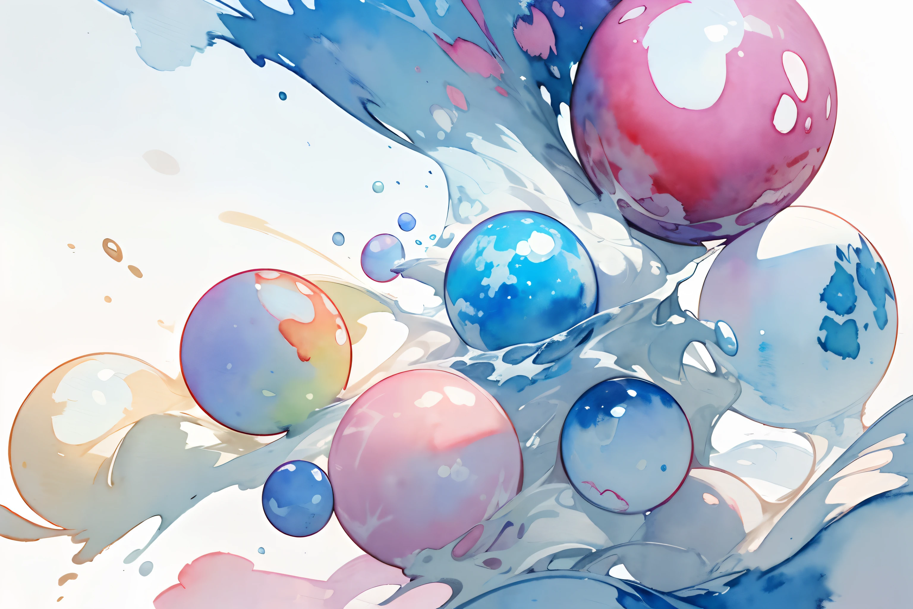 ((masutepiece)), (Professional Photography:1.2), (High Definition:1.3), Best Quality, (watercolor painting:1.3), (simple white background:1.10), pale blue fine ink splashing, a few Small marbles
