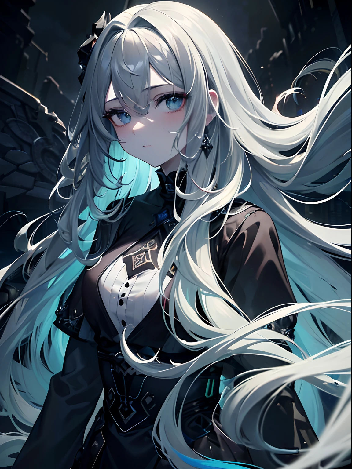 (Masterpiece, Best quality, ultra high resolution),1girl,long hair,curly hair,(multicolored hair,green,blue,red),beautiful and detailed face, detailed eyes,(gray skin, colorless skin),expressionless face,cloudy sky,fog, night (grey theme)