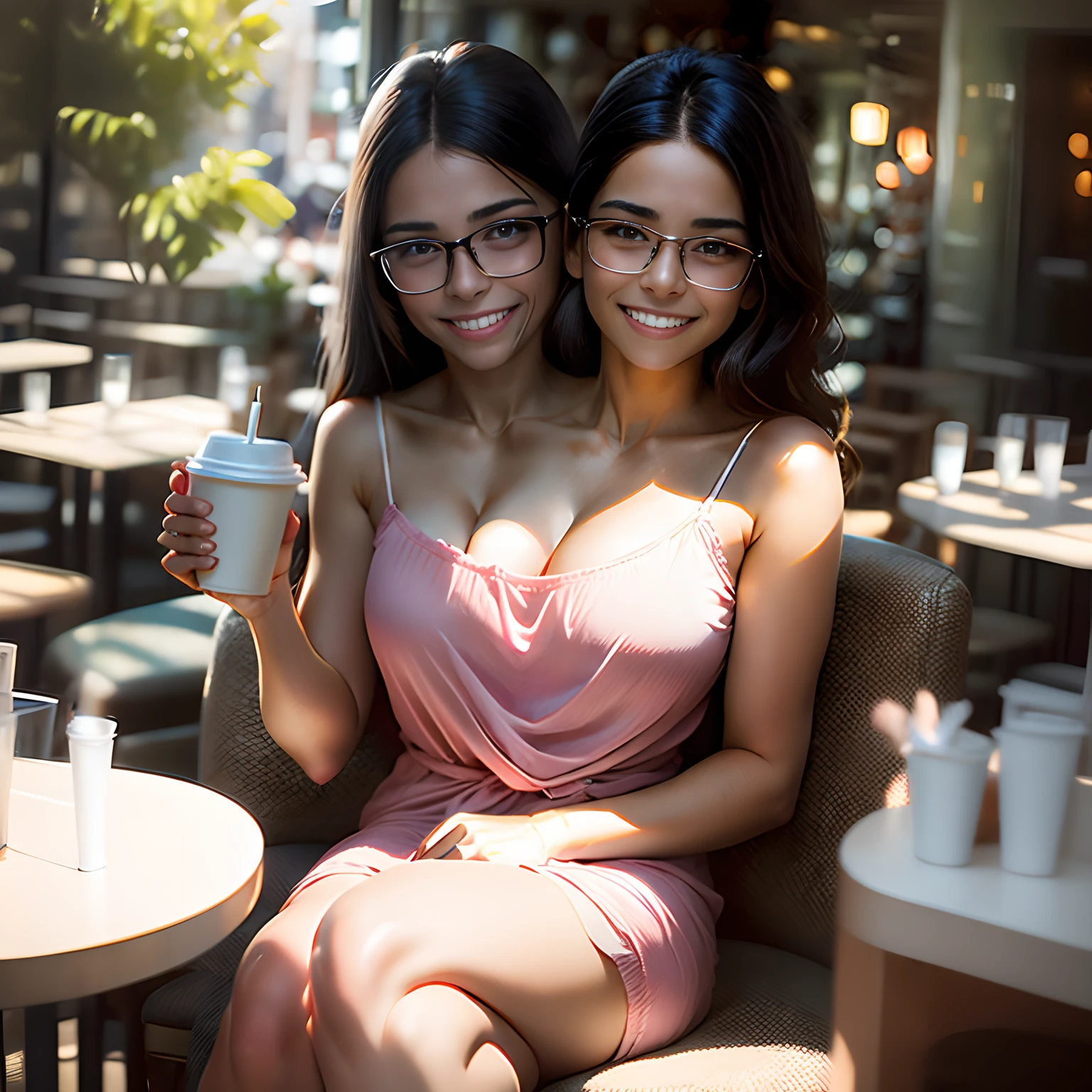 2heads:1.5, chilean girl, 18 years old, black straight hair, thick rimmed glasses, smiling skinny, wearing a  light pink and light grren dress, gums visible, delicate body hair,acne, holding a coffee cup, sitting at a busy Starbucks, very detailed and realistic skin with some body hair on arms, some minor blemishes on face