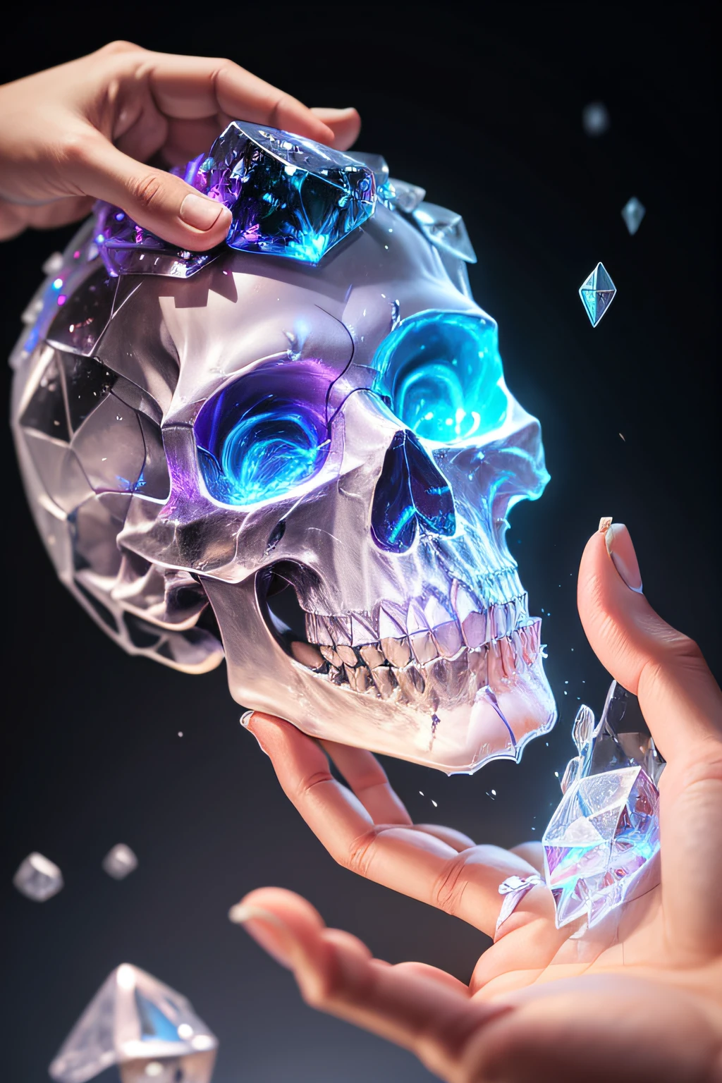 a realistic crystal falls on a human skull and explodes it into pieces of glass of all colors
