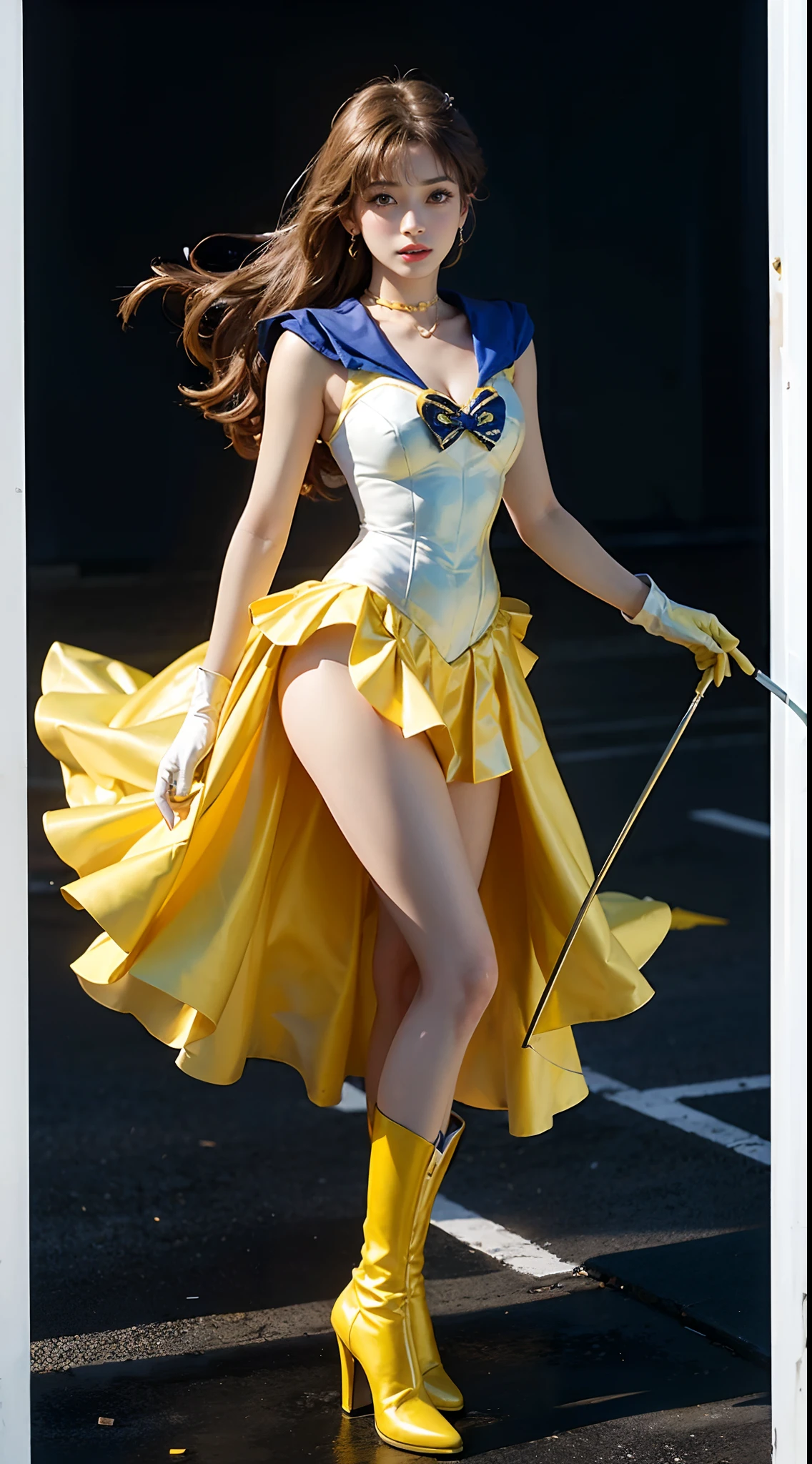 ((masterpiece:1.4)、(top-quality:1.4)、(reallistic:1.7))、masuter piece:1.4、a beauty girl、(sailormoon:1.4)、Sexy female combat suit sticking to body、(latex shiny)、(The jacket is a white sleeveless sailor suit)、(Skirt is blue sexy ultra ultra mini skirt)、The collar of the sailor suit is blue with two thin lines.、Red cloth ornament at chest、(Wearing white gloves)、Kawaii Girl、Super beauty、foco nítido、Portrait photos、Upper body photography:1.4、beautiful countenance、beautidful eyes、Narrow waist、(Yellow long hair:1.4)、Raw photo、red-lips、Red boots:1.4、a choker:1.4、a necklace:1.4、耳Nipple Ring:1.4、1 screen display、Outdoor landscape