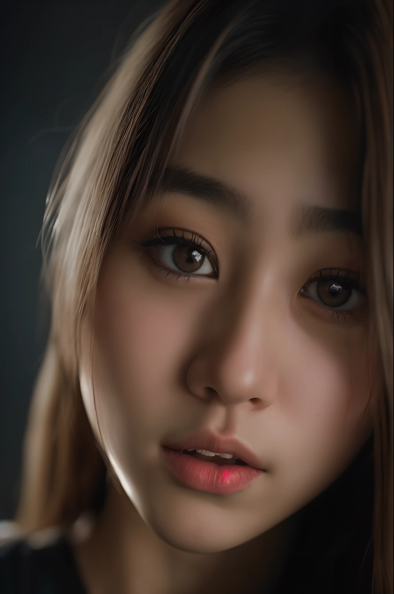 (close-up, editorial photograph of a 21 year old japanese girl), (highly detailed face:1.4) (smile:0.7) (background inside dark, moody, private study:1.3) POV, by lee jeffries, nikon d850, film stock photograph ,4 kodak portra 400 ,camera f1.6 lens ,rich colors ,hyper realistic ,lifelike texture, dramatic lighting , cinestill 800,