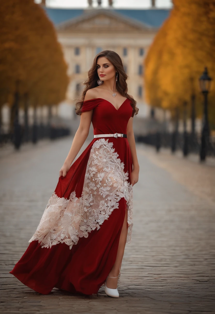 A brown hair girl, Two  big names Tiana and Miriam, Tatoed on her arm , Cinematic , Blue  big eyes , Red white dress with black styled belt, White shoes ,Outside Palace ,Autumn ,Fall