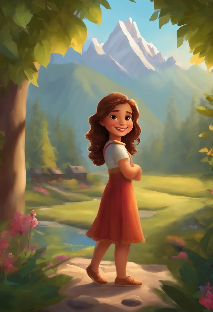 Imagine a scene set in a beautiful daytime setting. The background features majestic mountains, their peaks reaching high into the sky. In the foreground, there are tall and vibrant trees, their branches swaying gently in the breeze. The sunlight bathes the entire scene in a warm and inviting glow, creating soft shadows as it filters through the leaves. In the center of the scene stands a girl, with a bright and genuine smile on her face, radiating happiness and contentment.