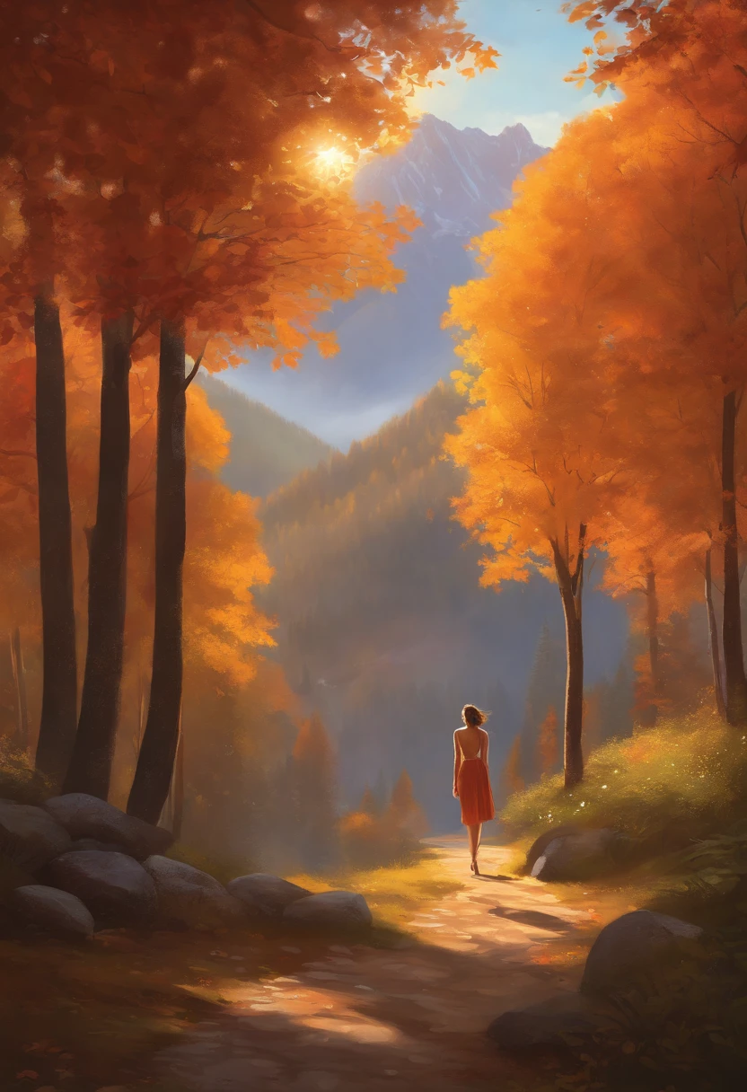 Imagine a scene set in a beautiful daytime setting. The background features majestic mountains, their peaks reaching high into the sky. In the foreground, there are tall and vibrant trees, their branches swaying gently in the breeze. The sunlight bathes the entire scene in a warm and inviting glow, creating soft shadows as it filters through the leaves. In the center of the scene stands a girl, with a bright and genuine smile on her face, radiating happiness and contentment.
