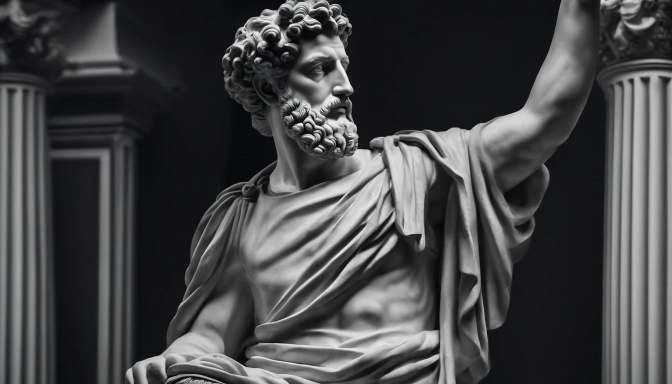 a portrait statue of the stoic Marcus Aurelius in black and white 4K,Face de frente, papel de parede super realista