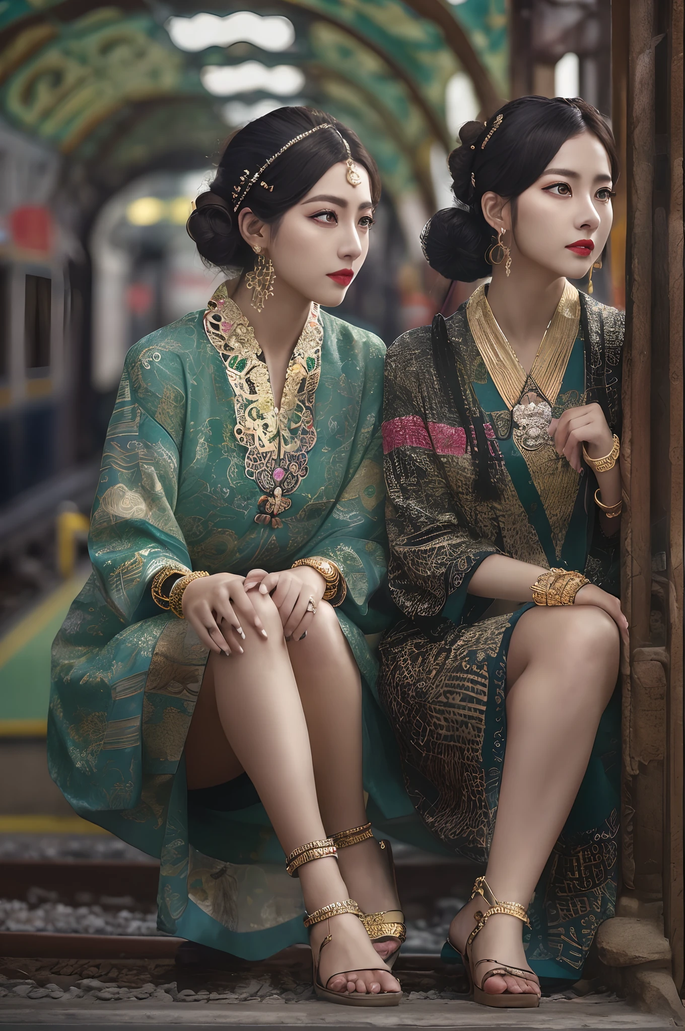 ((Realistic:1.5)),Ulzzang-6500:1.3，((Best quality)), ((Masterpiece)),((Detailed)),2girls,duo,railway station 1920's Shanghai,retro train background:1.4,{2 beautiful women}, (Upper body:1.3),(hair bun,Chinese retro hairpins:1.4),Hug and touch each other, Tease your friend's waist, Breathless friends, Biting a friend's earlobe, crouched,super wide shot,Face focus, Long legs,Curvy, Barefoot,Wide hips, Thin legs, Oversized eyes,Long eyelashes, (Detailed face,beautidful eyes, detailed pupils,detailed clothes features), (armlets, bangle:1.3),(Alebriès Art Style),Sharp,Perfect compounding, Intricate, Sharp focus, Dramatic,