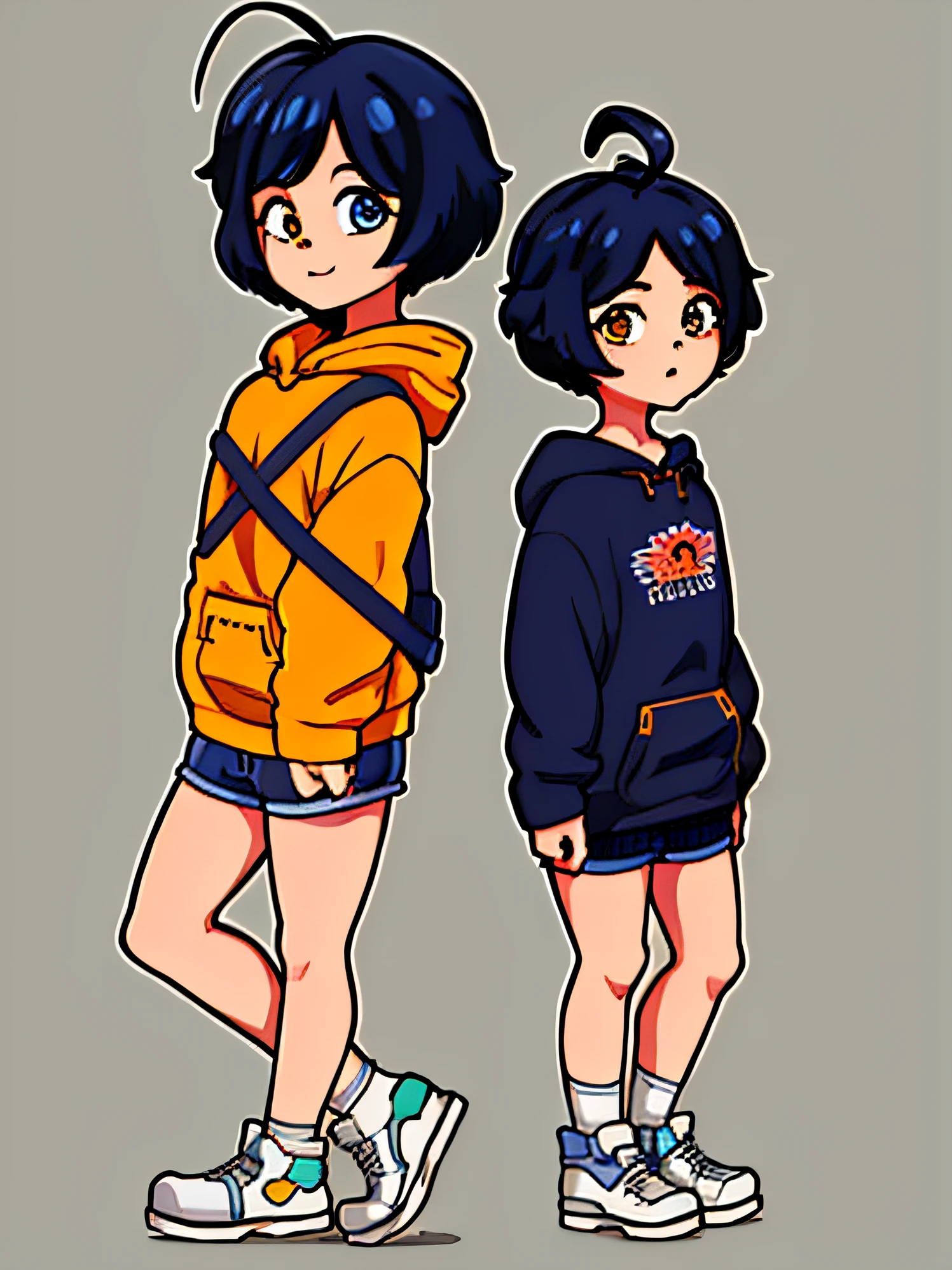 1girl, masterpiece, best quality, ultra-detailed, (shiny skin:1.2), Ai_Ohto0 1girl, blue_hair, short_hair, hair_ornament, ahoge, hairclip, heterochromia, blue_eyes, yellow_eyes, hood, hoodie, yellow_hoodie, shoes, shorts, hood down, blue_shorts,bag, sticker, white outline, grey background Portrait, 1girl, cheek pull, puffy cheeks