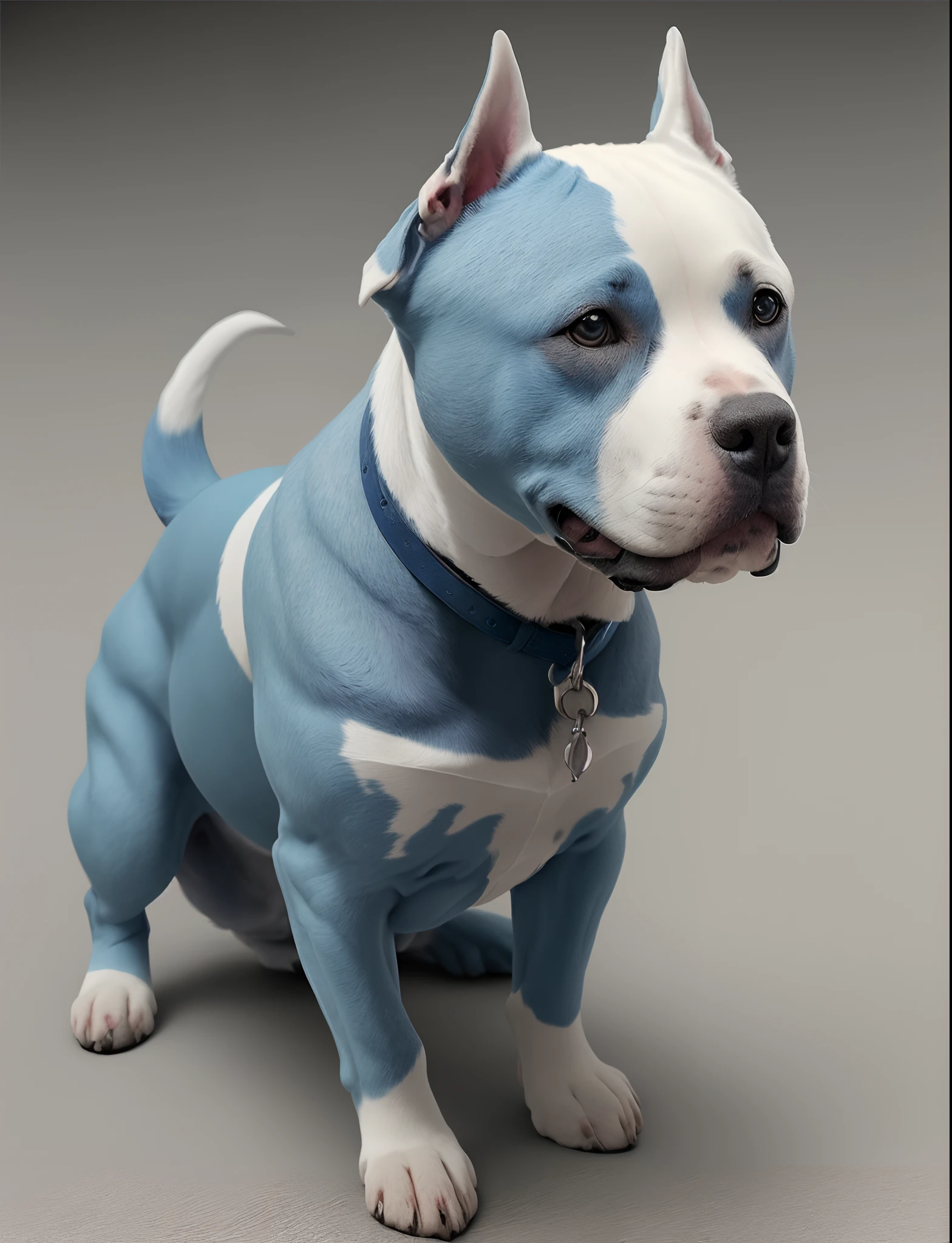 There is a blue and white dog sitting on a gray surface, pitbull, Ciborgue - Pitbull, azul realista 3 d render, blue dog, colored zbrush render, extremamente detalhado e realista, hiper real altamente detalhado, imagem hiperrealista de x, super altamente detalhado, extremamente alto detalhado, foto altamente realista, manchado ultra realista, muito alto detalhamento