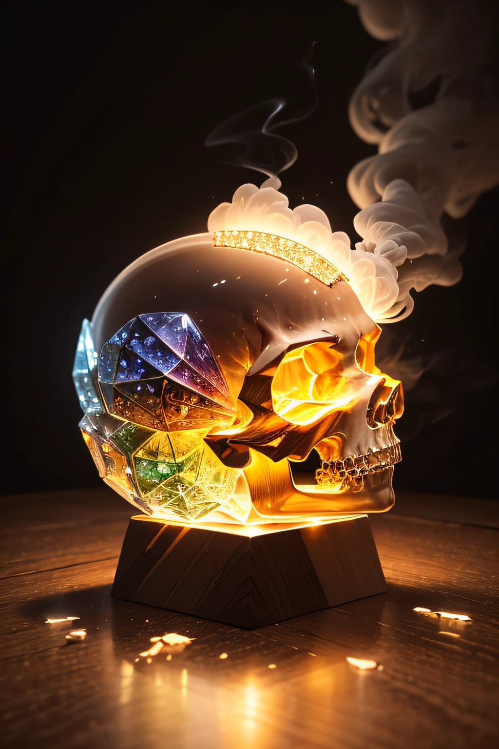 a very detailed and magnificent crystal skull breaks into pieces of multiple colors as it falls onto a magnificent and crafted wood and resin table. The lights are lateral and soft, a veil of smoke emerges from the explosion