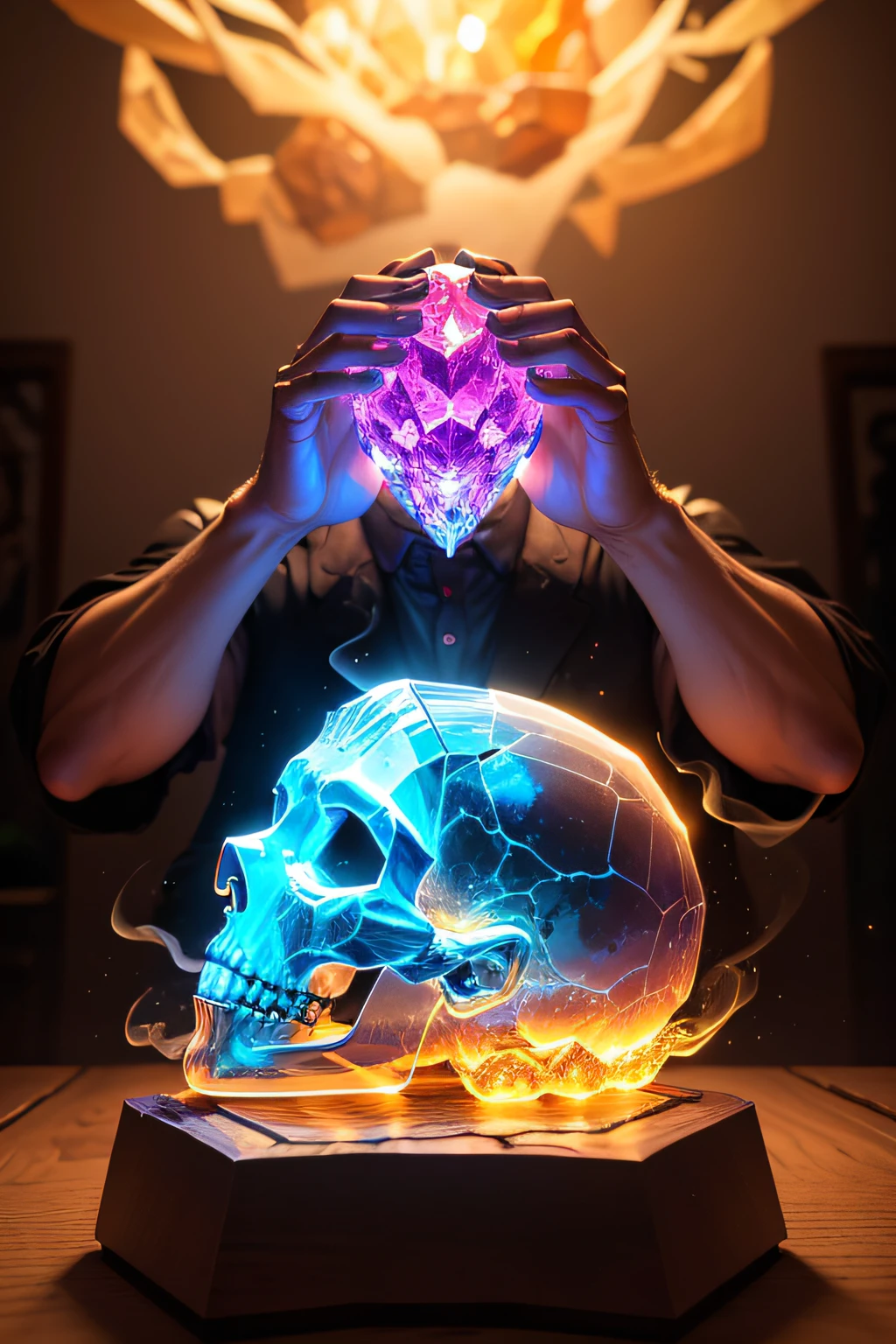 a very detailed and magnificent crystal skull breaks into pieces of multiple colors as it falls onto a magnificent and crafted wood and resin table. The lights are lateral and soft, a veil of smoke emerges from the explosion