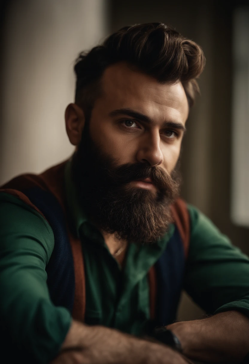 Brownish dwarf, medium brown beard, cabelo desarrumado castanho, camisa vermelha, jaqueta verde, navy blue pants