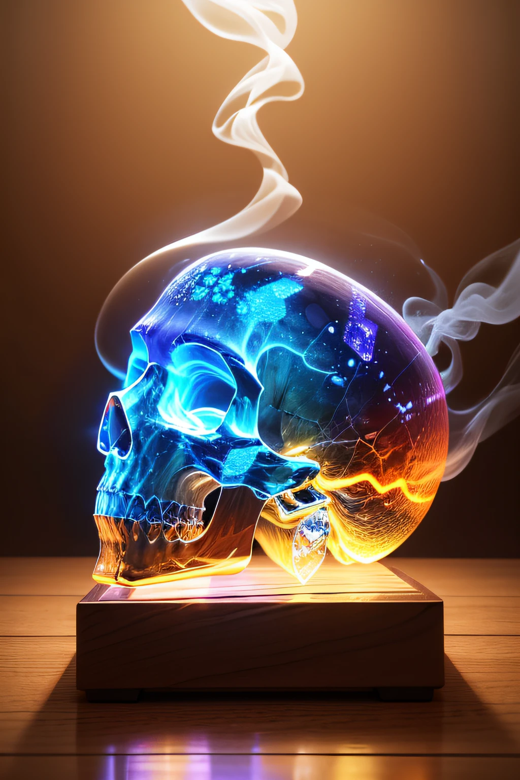 a very detailed and magnificent crystal skull breaks into pieces of multiple colors as it falls onto a magnificent and crafted wood and resin table. The lights are lateral and soft, a veil of smoke emerges from the explosion