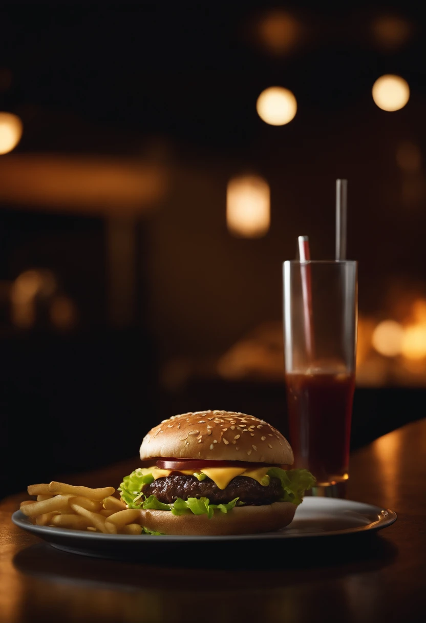 realistic shot of a hamburger with cheese, lettuce and delicious toppings in a set with a drink, the drink in a cup with a straw, all served on a plate, dark background, gentle smoke rising next to it indicating that the food is warm