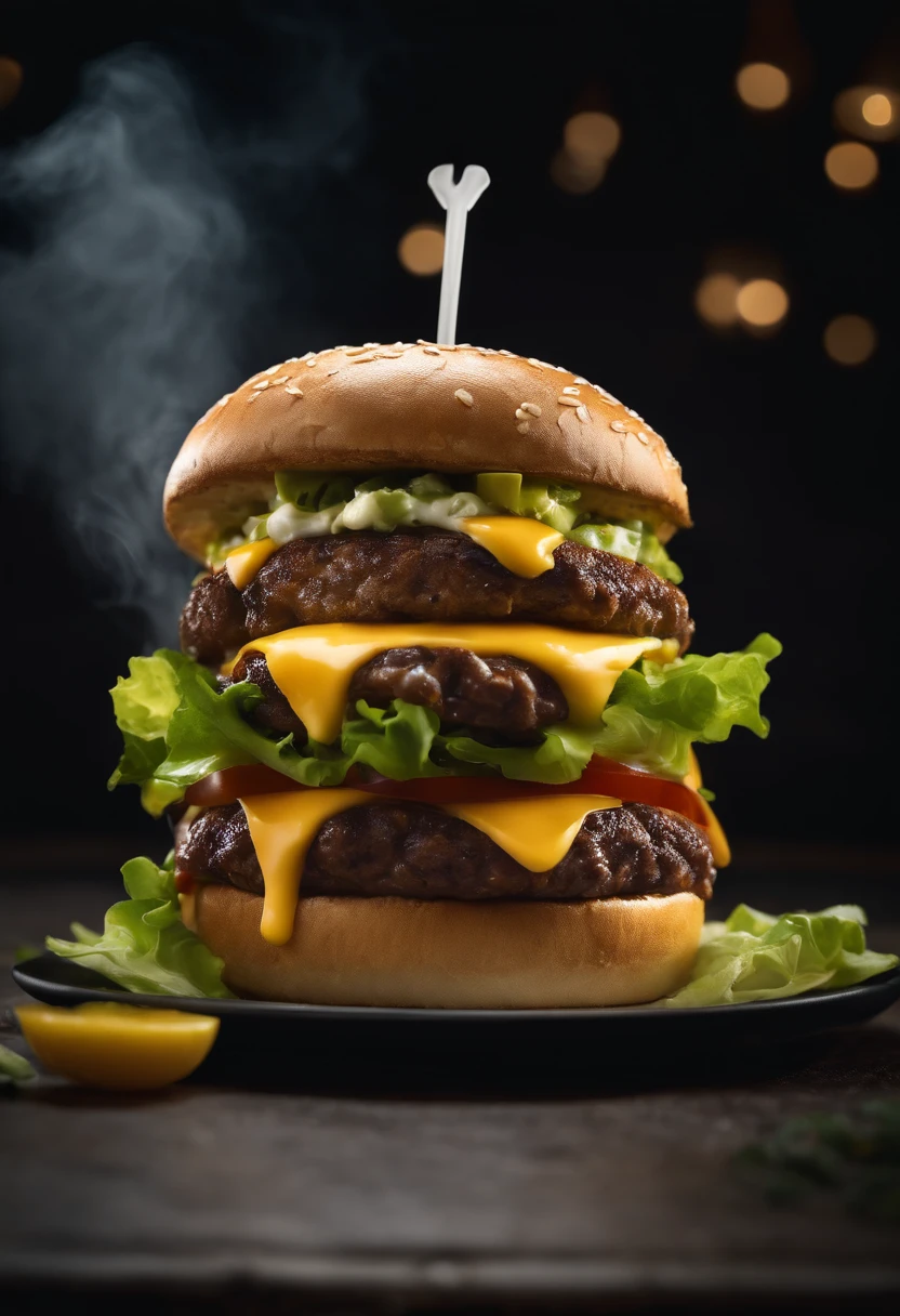 realistic shot of a hamburger with cheese, lettuce and delicious toppings in a set with a drink, the drink in a cup with a straw, all served on a plate, dark background, gentle smoke rising next to it indicating that the food is warm