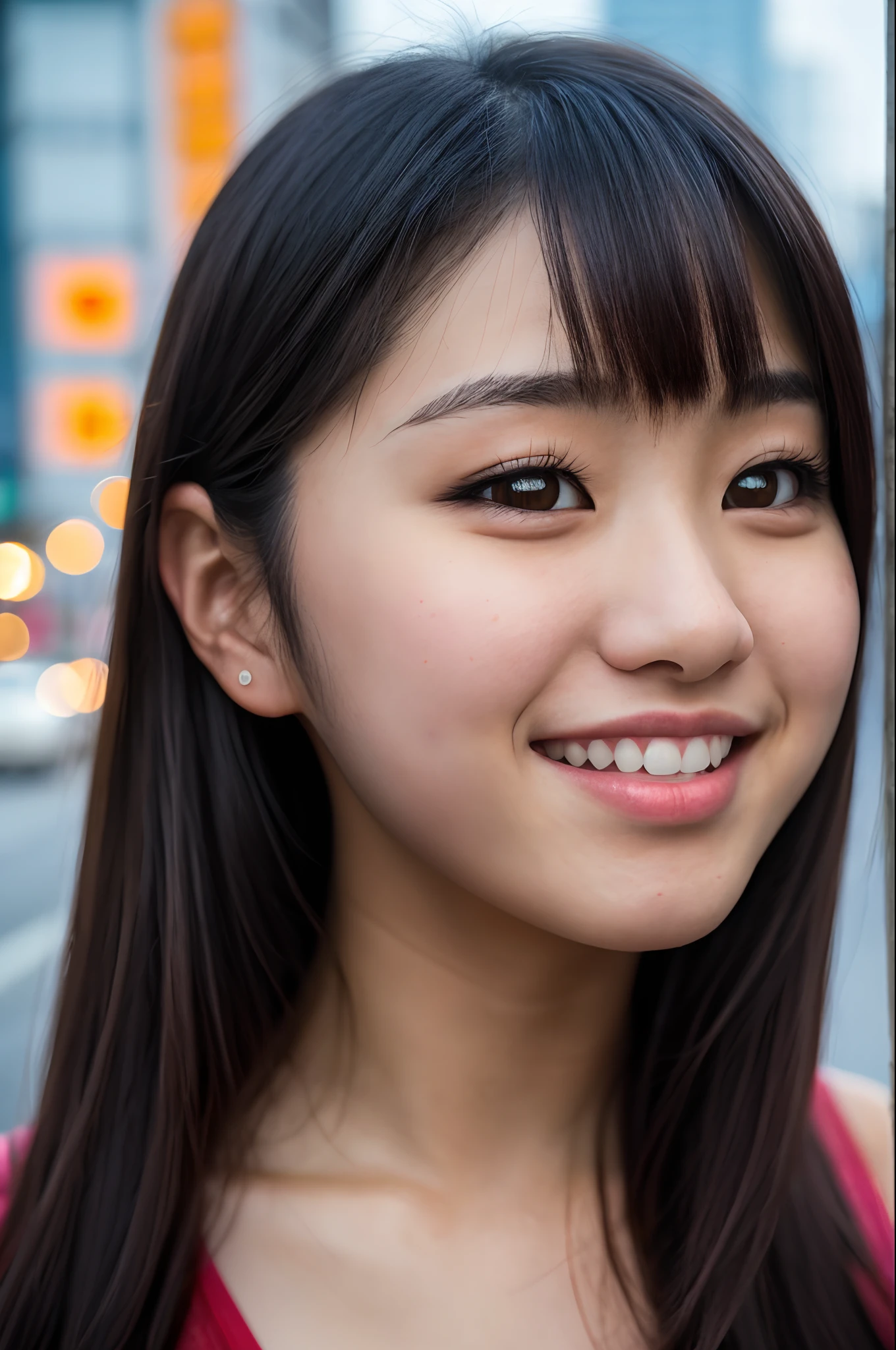 (close-up, editorial photograph of a 21 year old japanese girl), (highly detailed face:1.4) (smile:0.7) (background city streets at night:1.3) POV, by lee jeffries, nikon d850, film stock photograph ,4 kodak portra 400 ,camera f1.6 lens ,rich colors ,hyper realistic ,lifelike texture, dramatic lighting , cinestill 800,