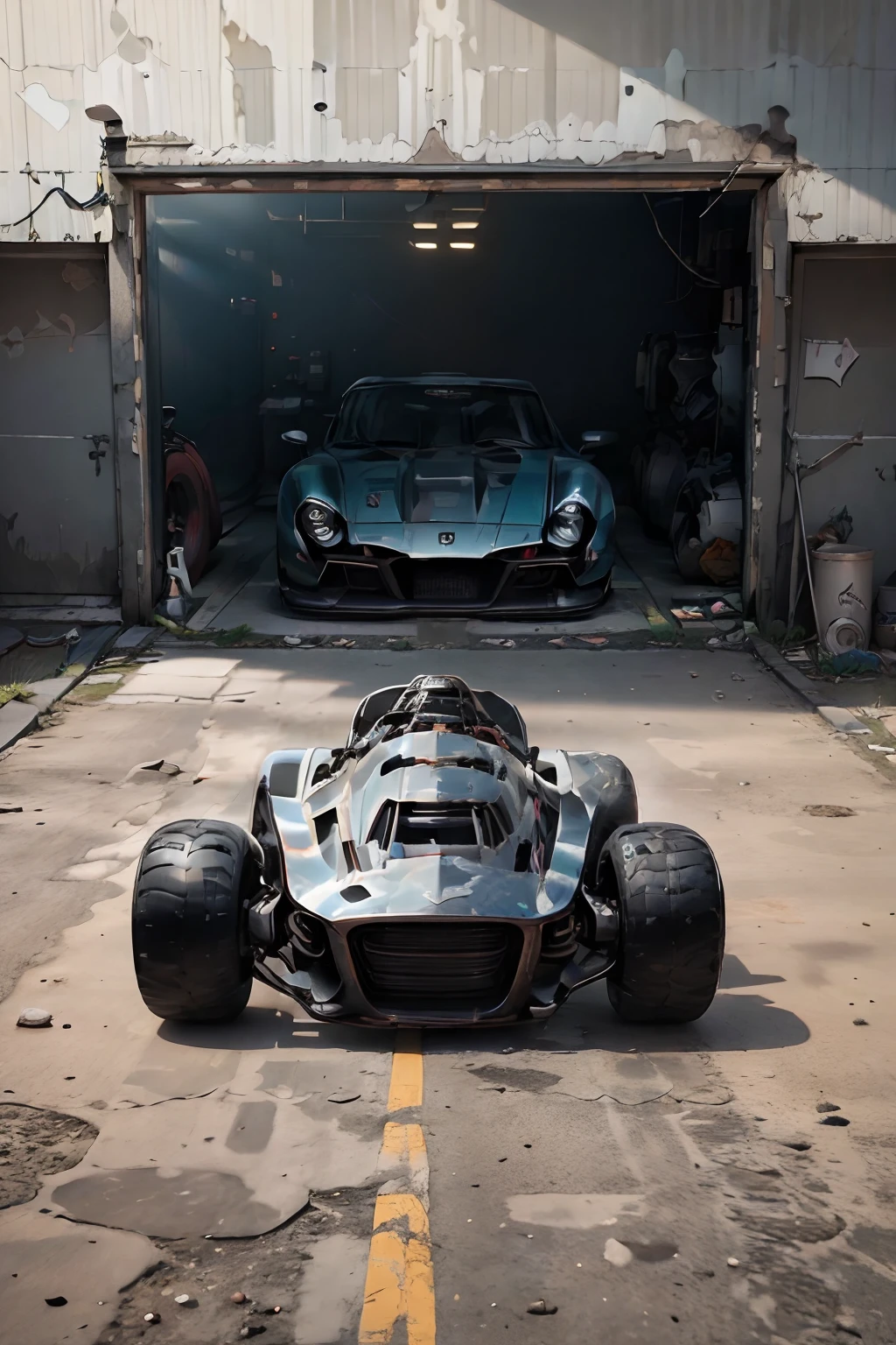 (((Frame tubular))), a go kart is parked in front of a garage, a digital rendering by Ed Roth, trending on pinterest, panfuturism, parallax, made of rubber, made of liquid metal