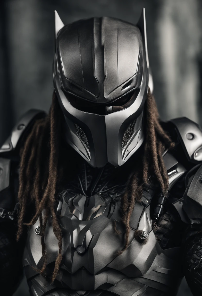 predator，full body photo，gray skin with scales, cyber, technological silver armor, robotic armor, batman, authentic background