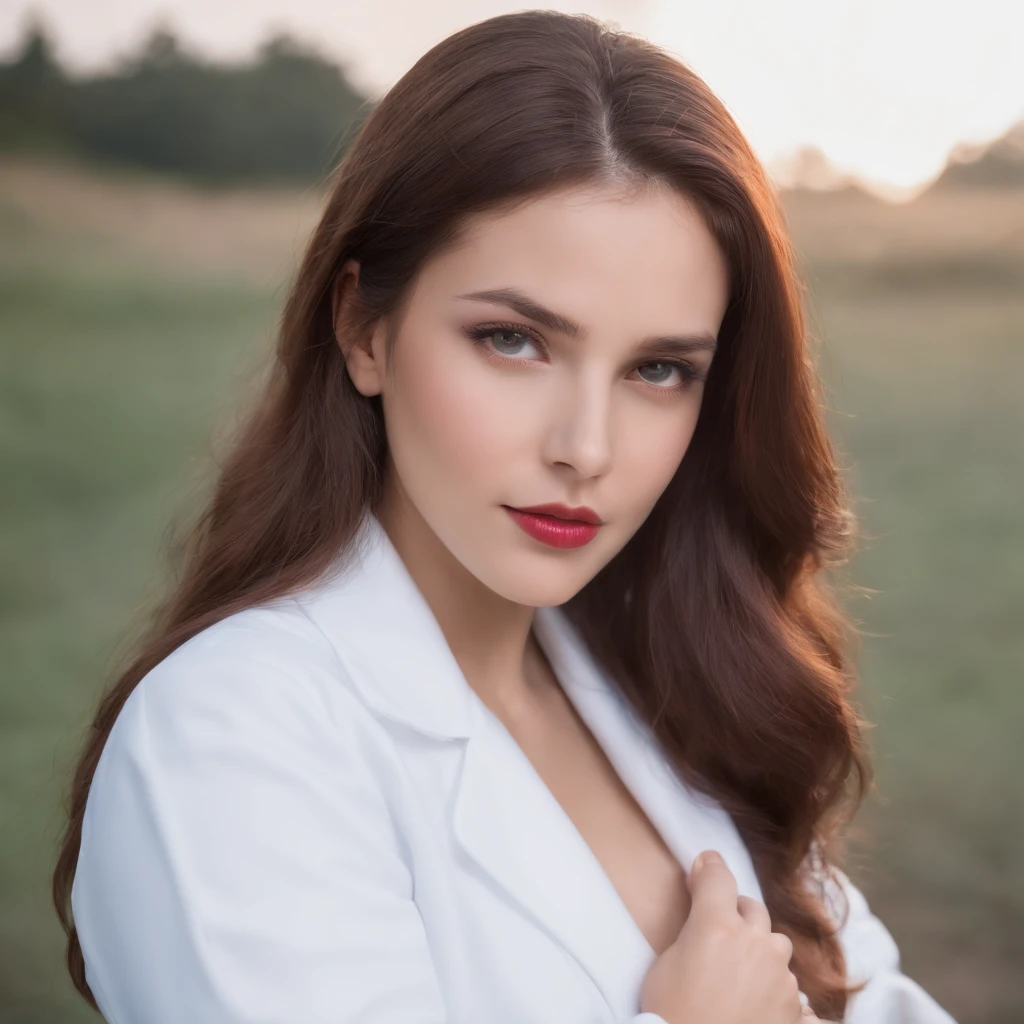 Uma garota super bonita de 18 anos com um longo cabelo vermelho profundo e liso, pele branca se parece com leite ou, dark night blue sky piercing eyes with strong striking gaze, corpo magro, um pouco de bochecha gordinha, pink lips, wearing professional medical lab coat, background lab