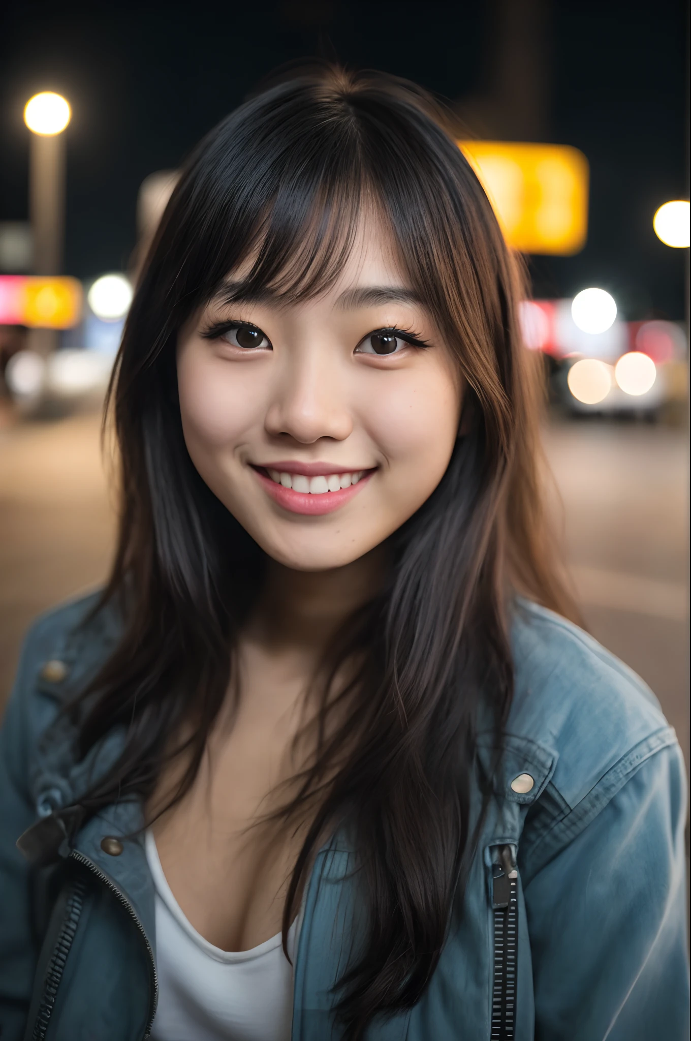 (close-up, editorial photograph of a 21 year old japanese girl), (highly detailed face:1.4) (smile:0.7) (background city streets at night:1.3) POV, by lee jeffries, nikon d850, film stock photograph ,4 kodak portra 400 ,camera f1.6 lens ,rich colors ,hyper realistic ,lifelike texture, dramatic lighting , cinestill 800,