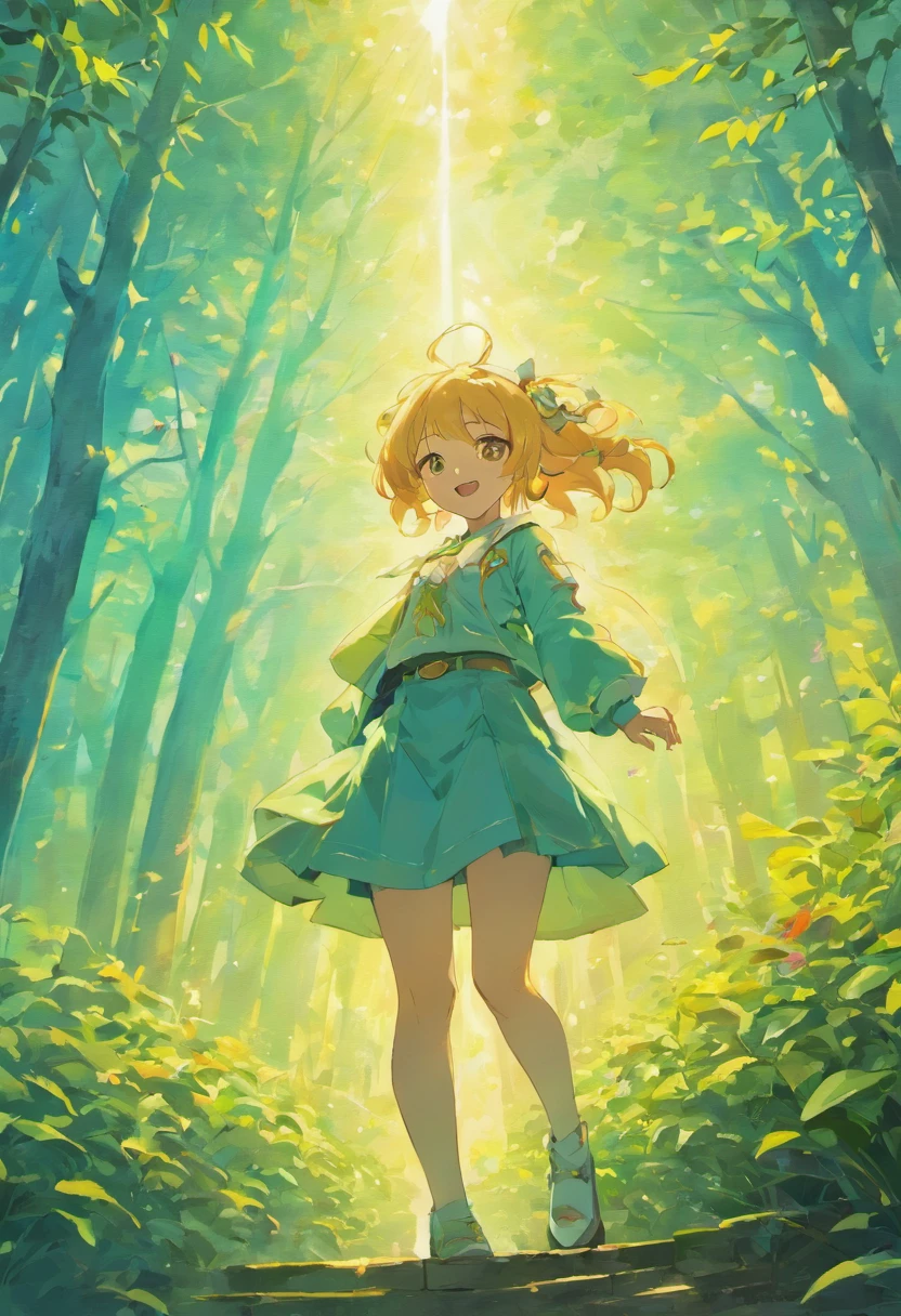 a scene set in a beautiful daytime setting. The background features majestic mountains, their peaks reaching high into the sky. In the foreground, there are tall and vibrant trees, their branches swaying gently in the breeze. The sunlight bathes the entire scene in a warm and inviting glow, creating soft shadows as it filters through the leaves. In the center of the scene stands a girl, with a bright and genuine smile on her face, radiating happiness and contentment.